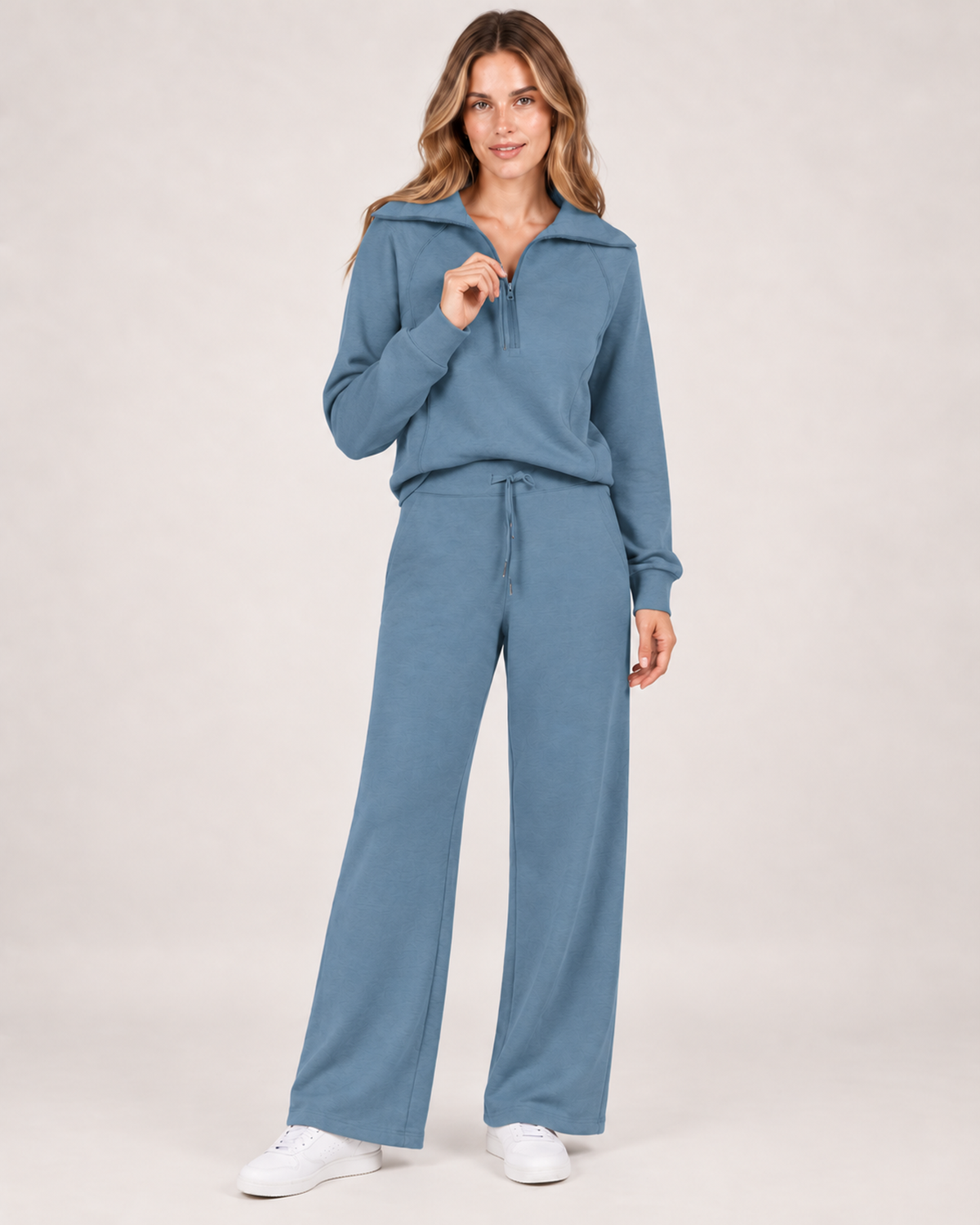 Women’s Tracksuit Set with Half-Zip Top and Wide-Leg Trousers in Blue Grey, full body view