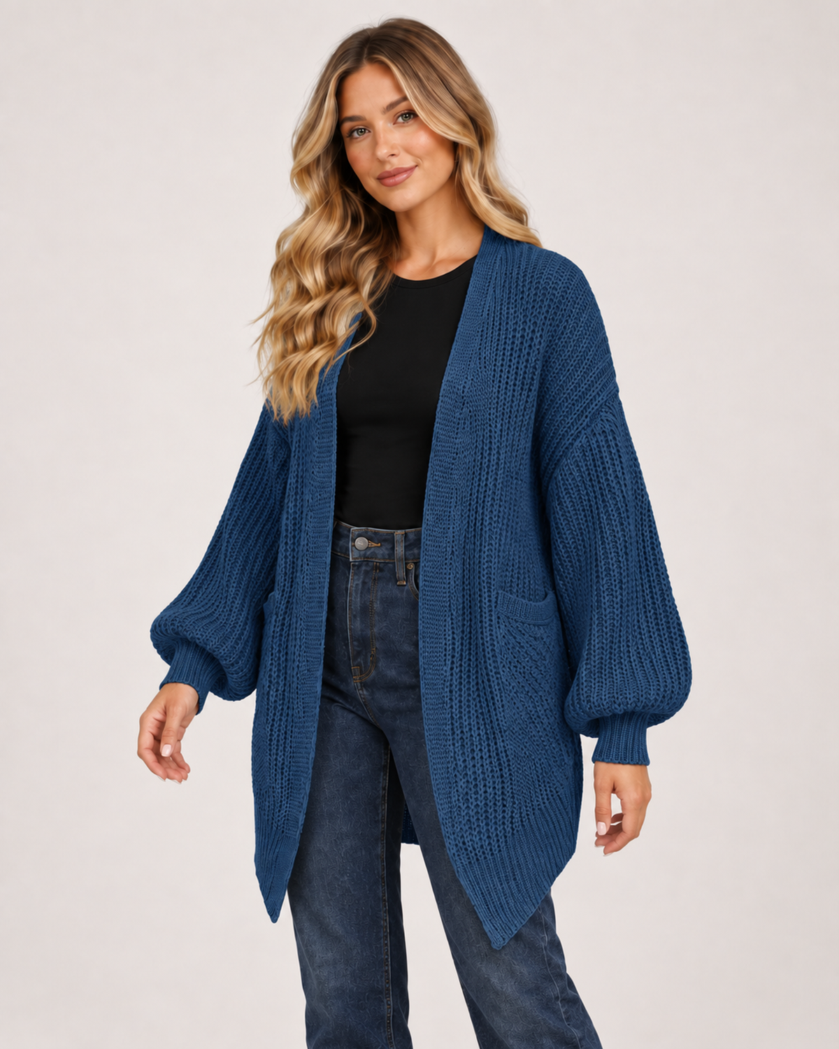 Women’s Balloon Sleeve Cardigan with Chunky Knit in Blue, upper body product focus view