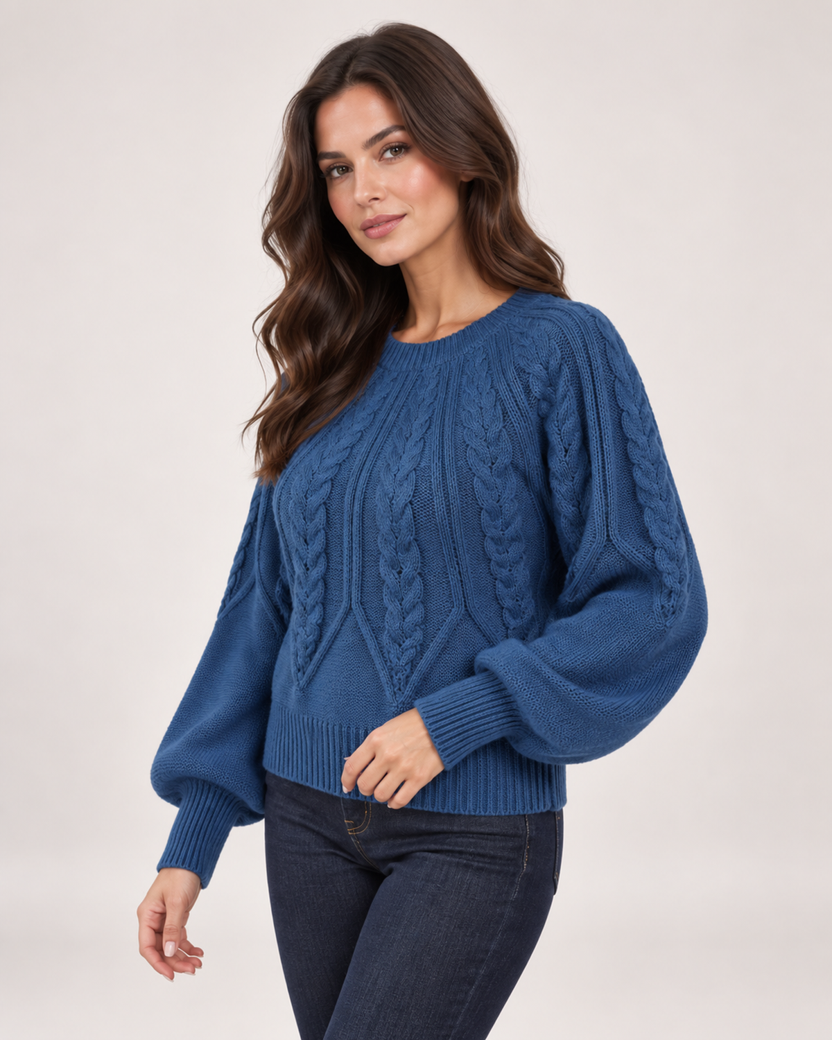 Women’s Cable Knit Jumper with Balloon Sleeves in Blue, upper body product focus view
