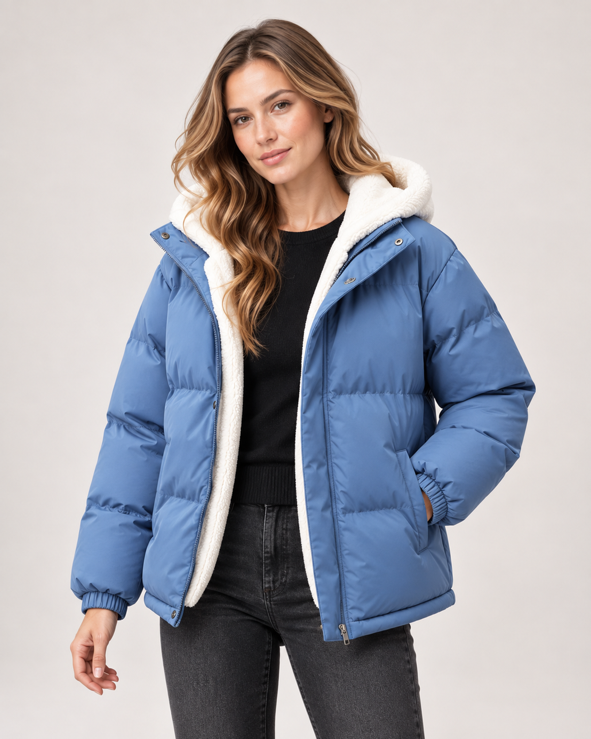 Women’s Puffer Jacket with Hood and Zip Front in Blue, short outerwear product focus view