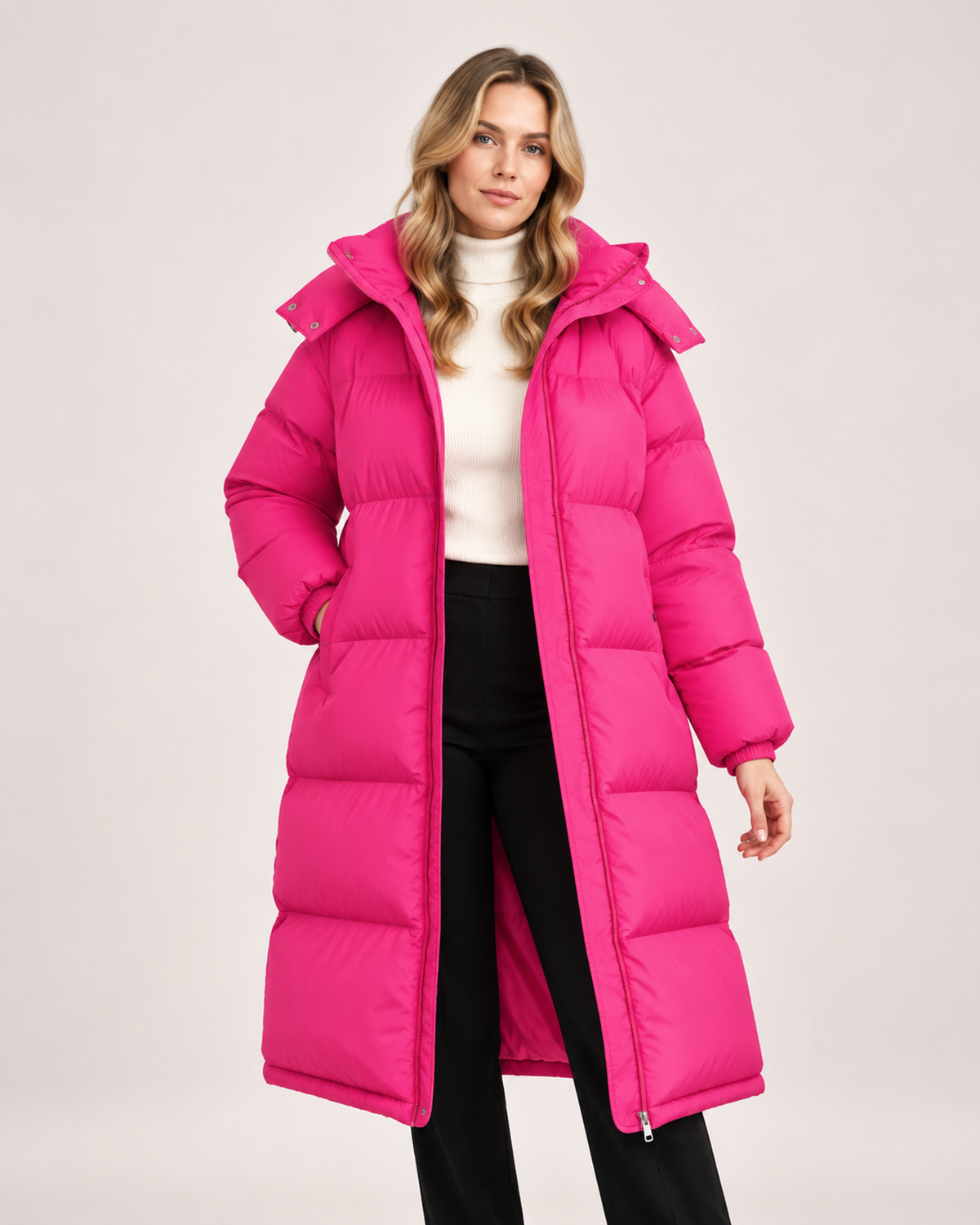 Women’s Long Puffer Coat with Hood and Oversized Fit in Bright Pink, short outerwear product focus view