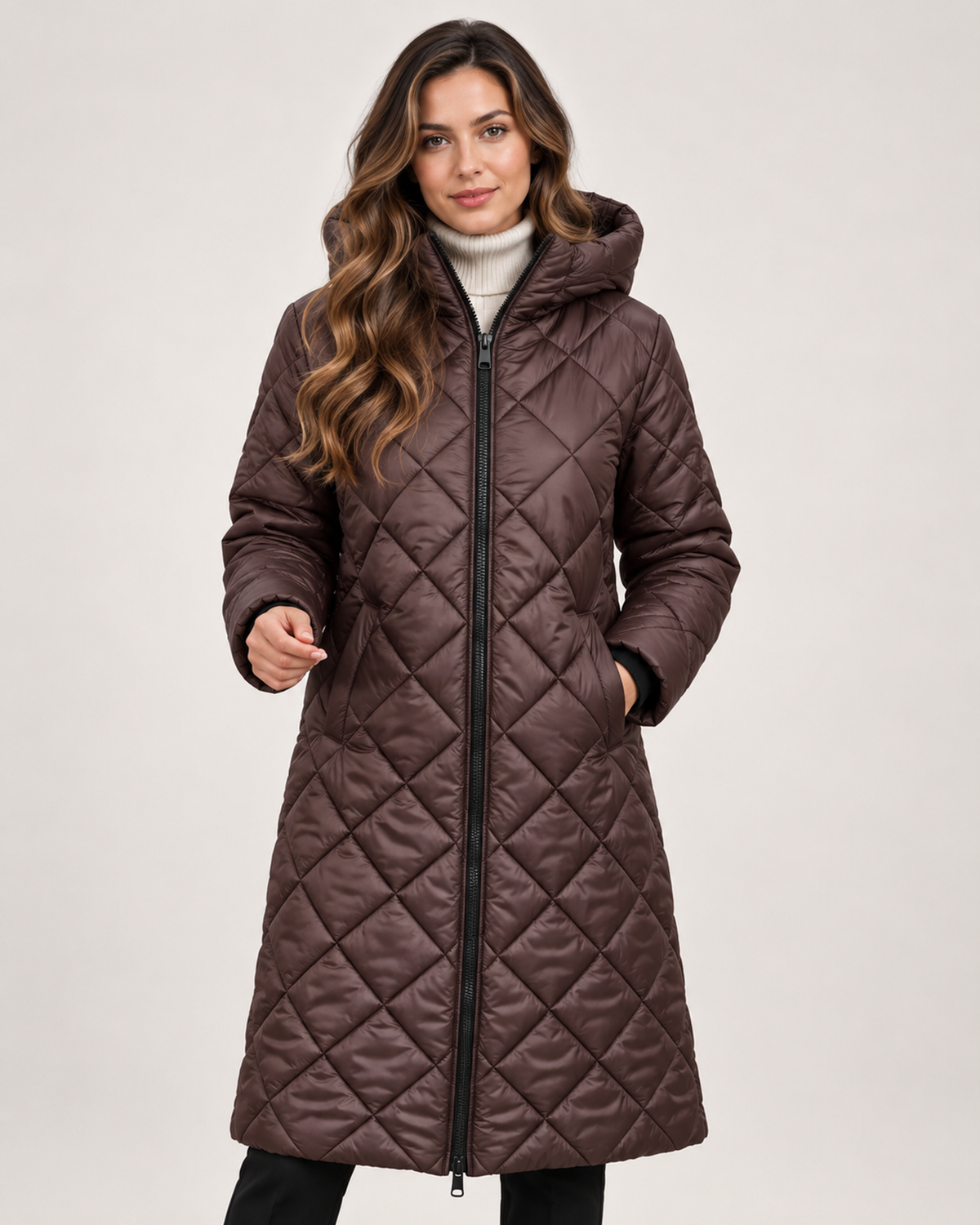 Women’s Long Puffer Jacket with Hood and Diamond Quilting in Brown, short outerwear product focus view
