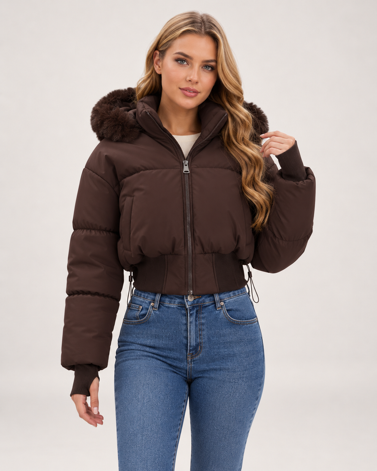 Women’s Puffer Jacket with Cropped Shape and Detachable Hood Trim in Brown, short outerwear product focus view