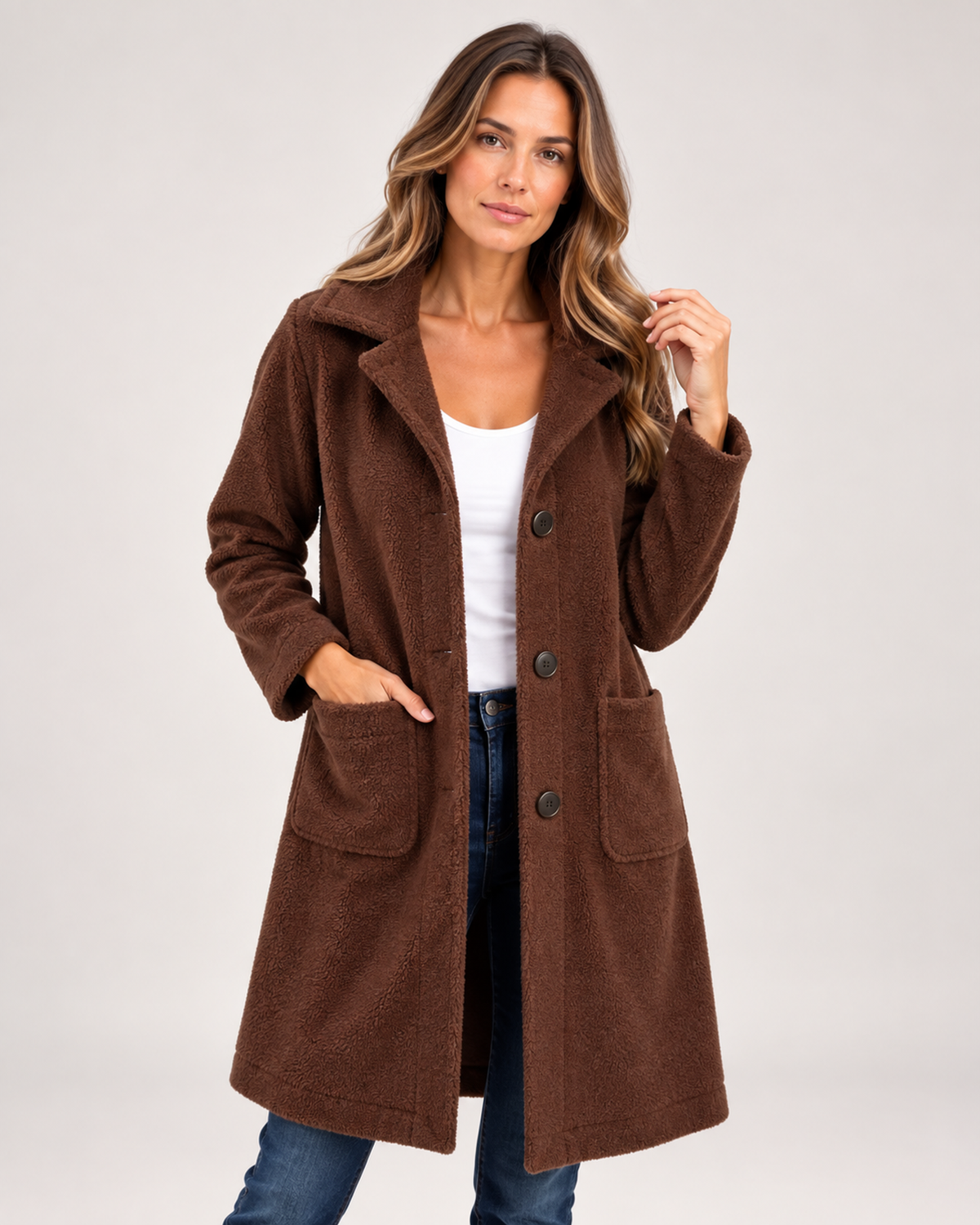 Women’s Longline Cardigan with Button Front and Pockets in Brown, full body view