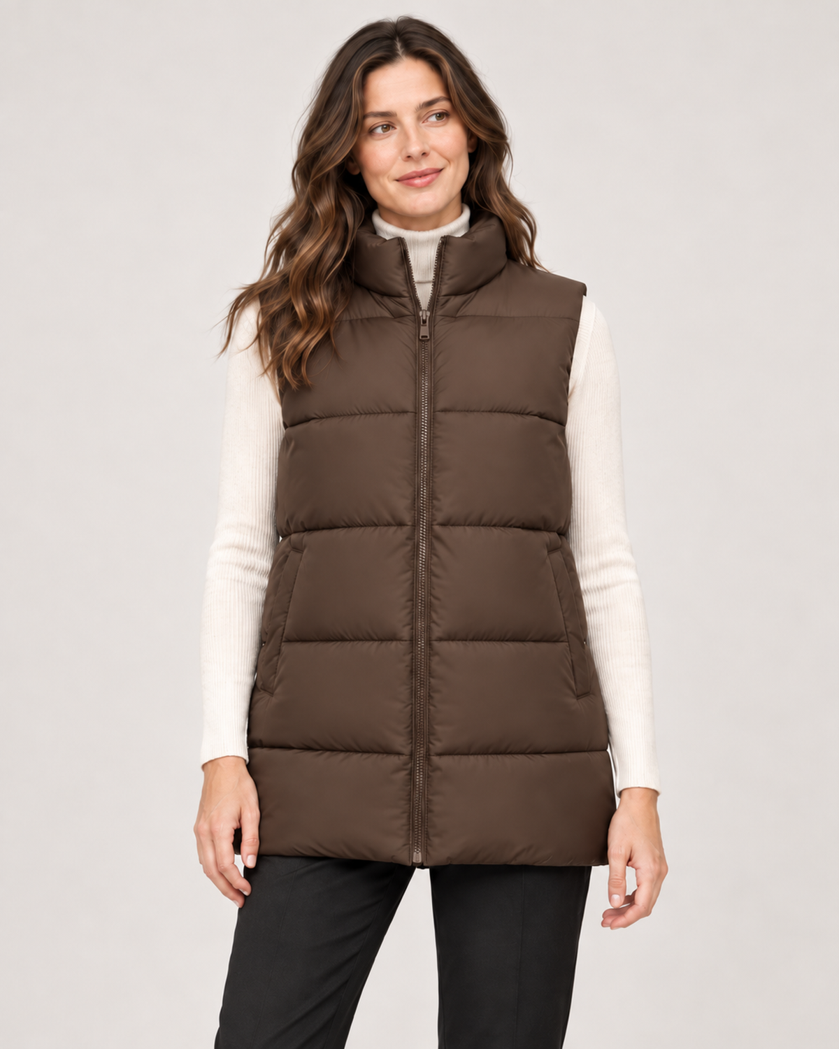 Women’s Puffer Gilet with Longline Shape and Stand Collar in Brown, full body view
