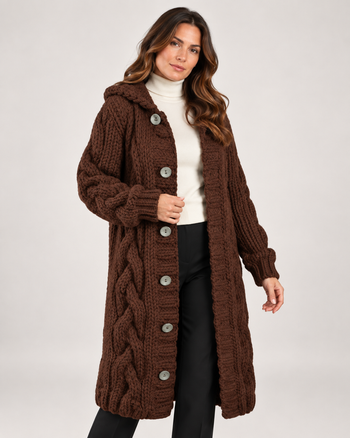 Women’s Longline Cardigan with Cable Knit and Hood in Brown, full body view