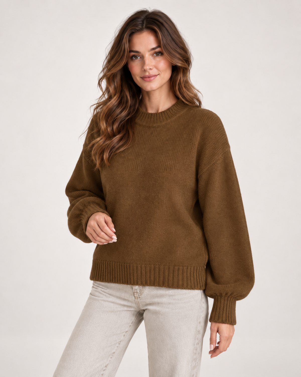 Women’s Crew Neck Jumper with Balloon Sleeves in Brown, upper body product focus view