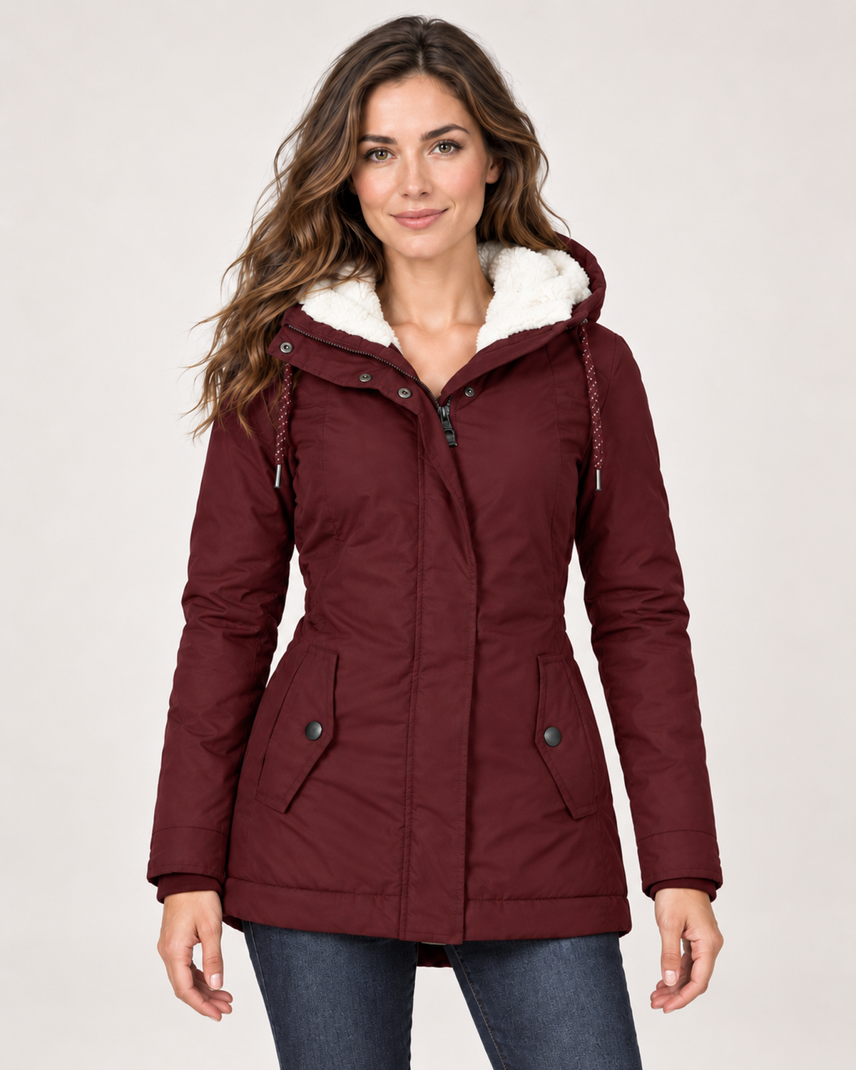 Women’s Fleece Lined Jacket with Hood and Zip Front in Burgundy, short outerwear product focus view