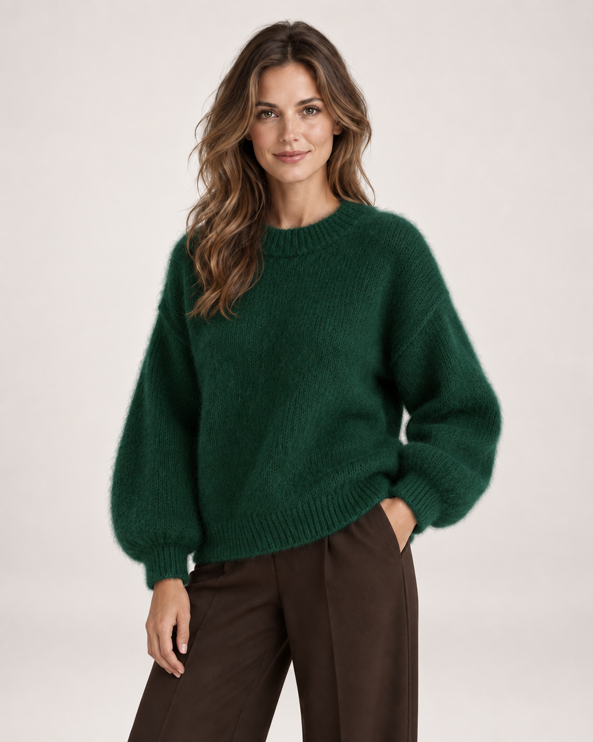Women’s Fluffy Jumper with Balloon Sleeves in Dark Green, upper body product focus view