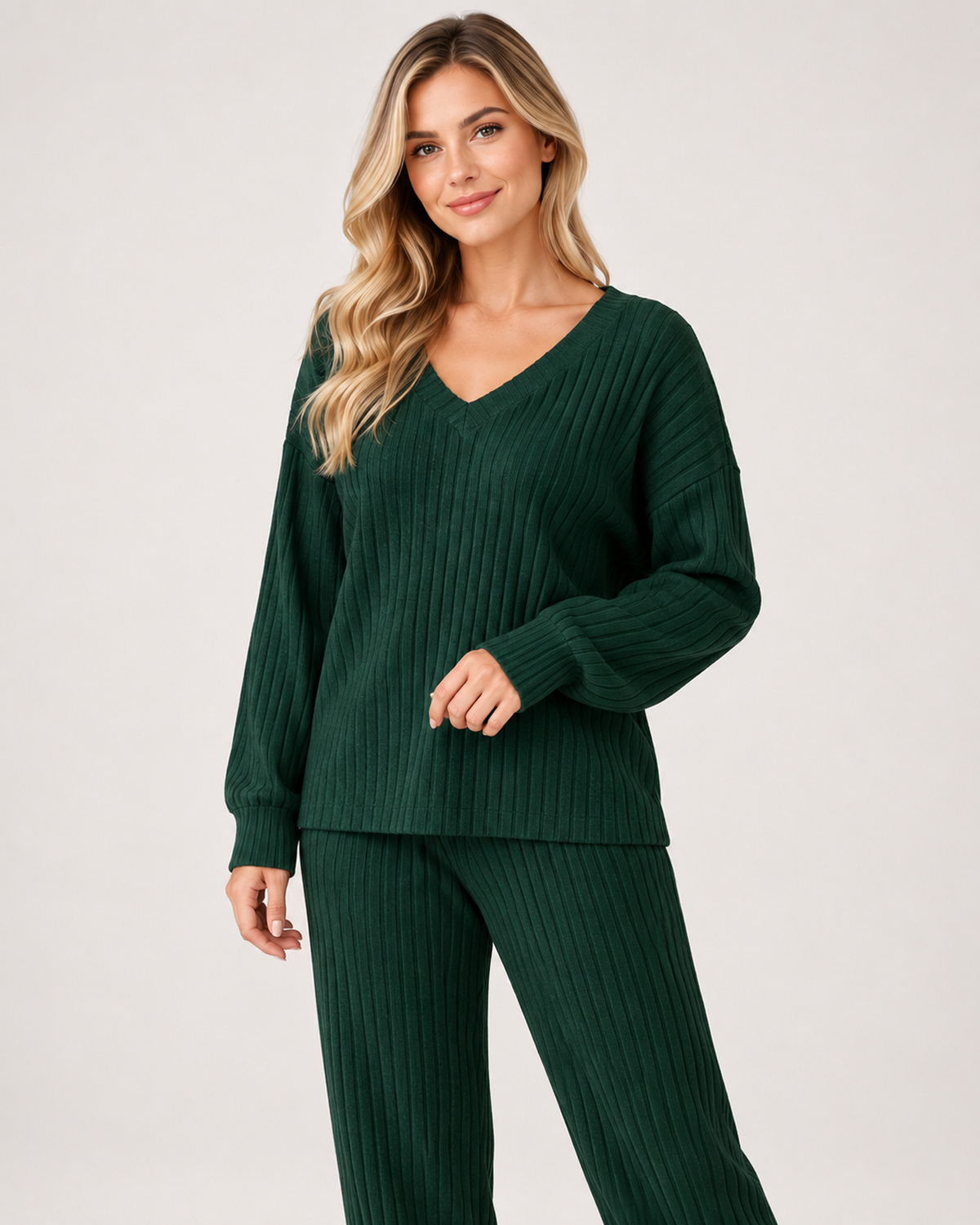 Women’s Loungewear Set with Ribbed Finish and V Neck in Dark Green, lower body product focus view