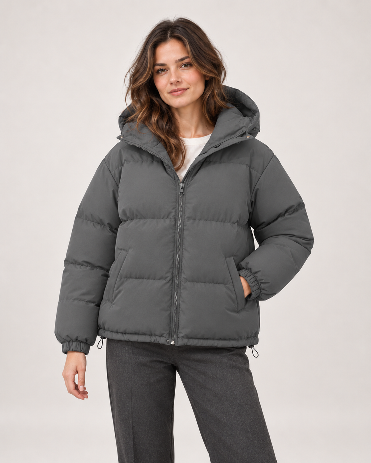 Women’s Puffer Jacket with Hood and Zip Front in Dark Grey, short outerwear product focus view