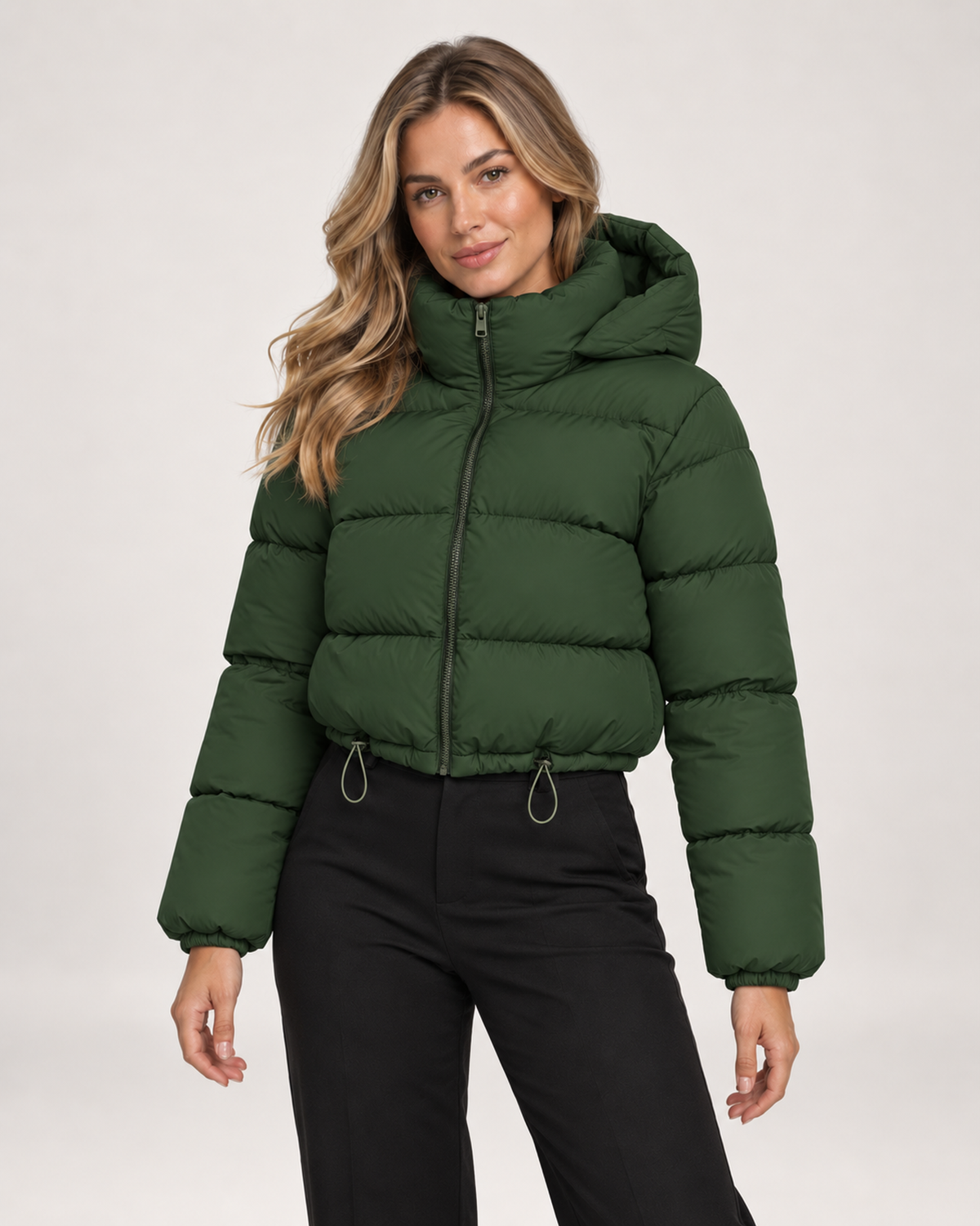 Women’s Puffer Jacket with Hood and Adjustable Hem in Green, short outerwear product focus view