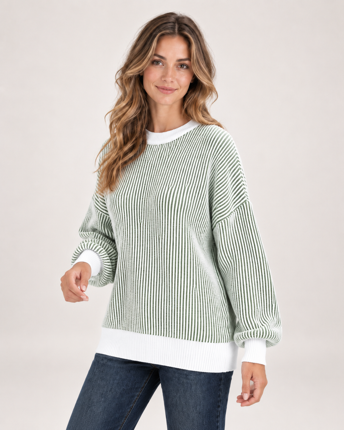 Women’s Striped Jumper with Contrast Trim in Green, upper body product focus view
