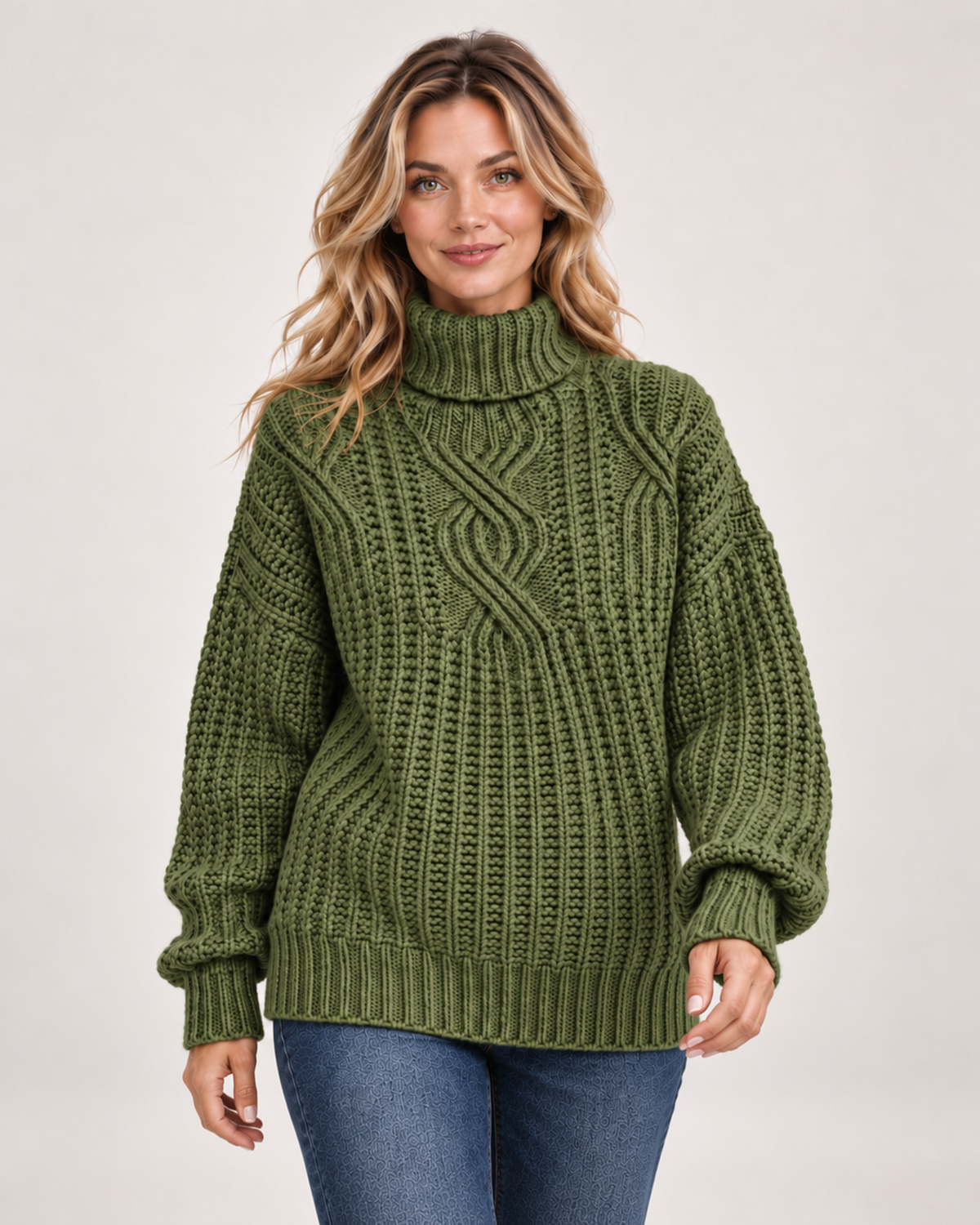 Women's Roll Neck Jumper with Cable Knit green close variant view