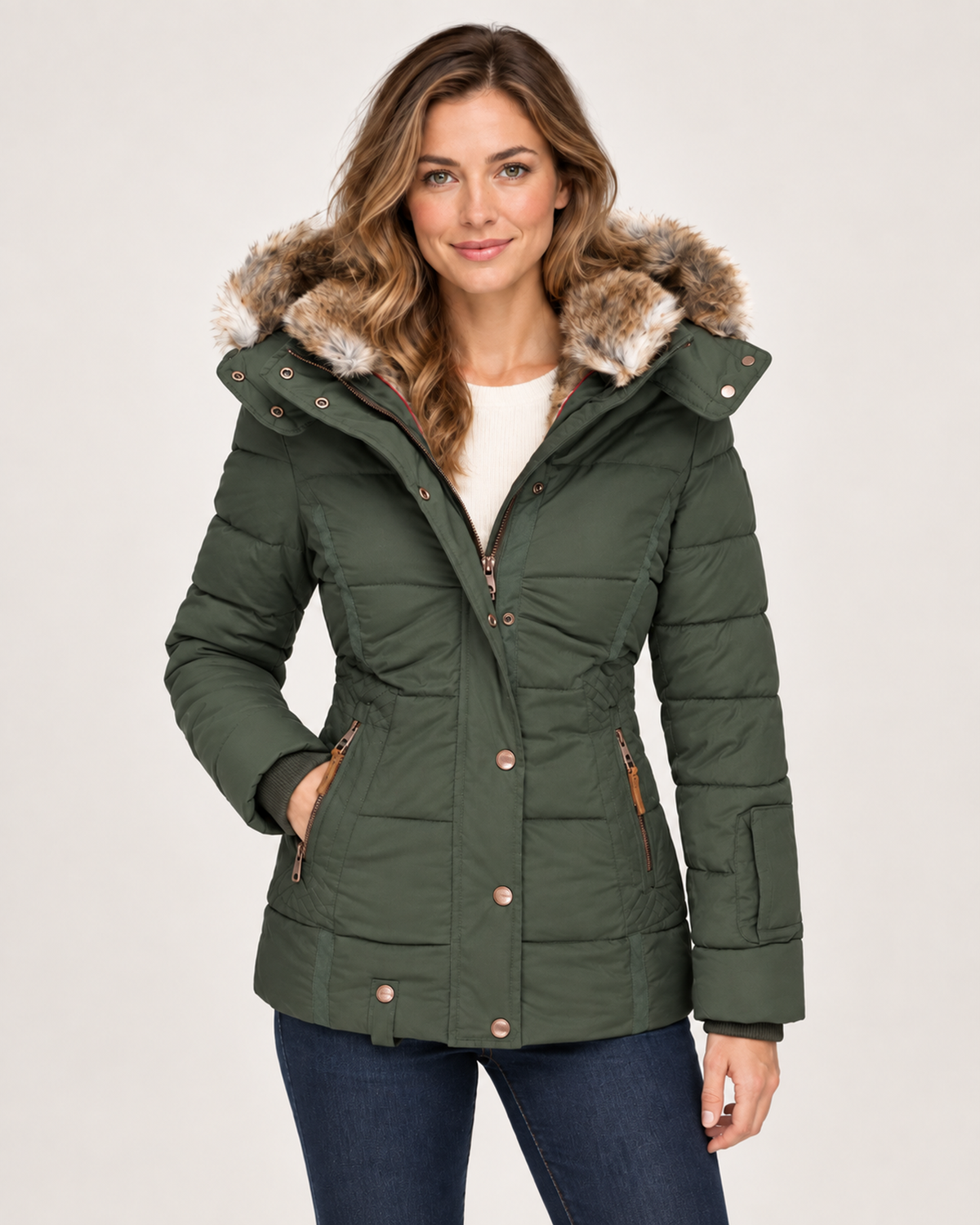 Women’s Puffer Jacket with Faux Fur Hood in Green, short outerwear product focus view
