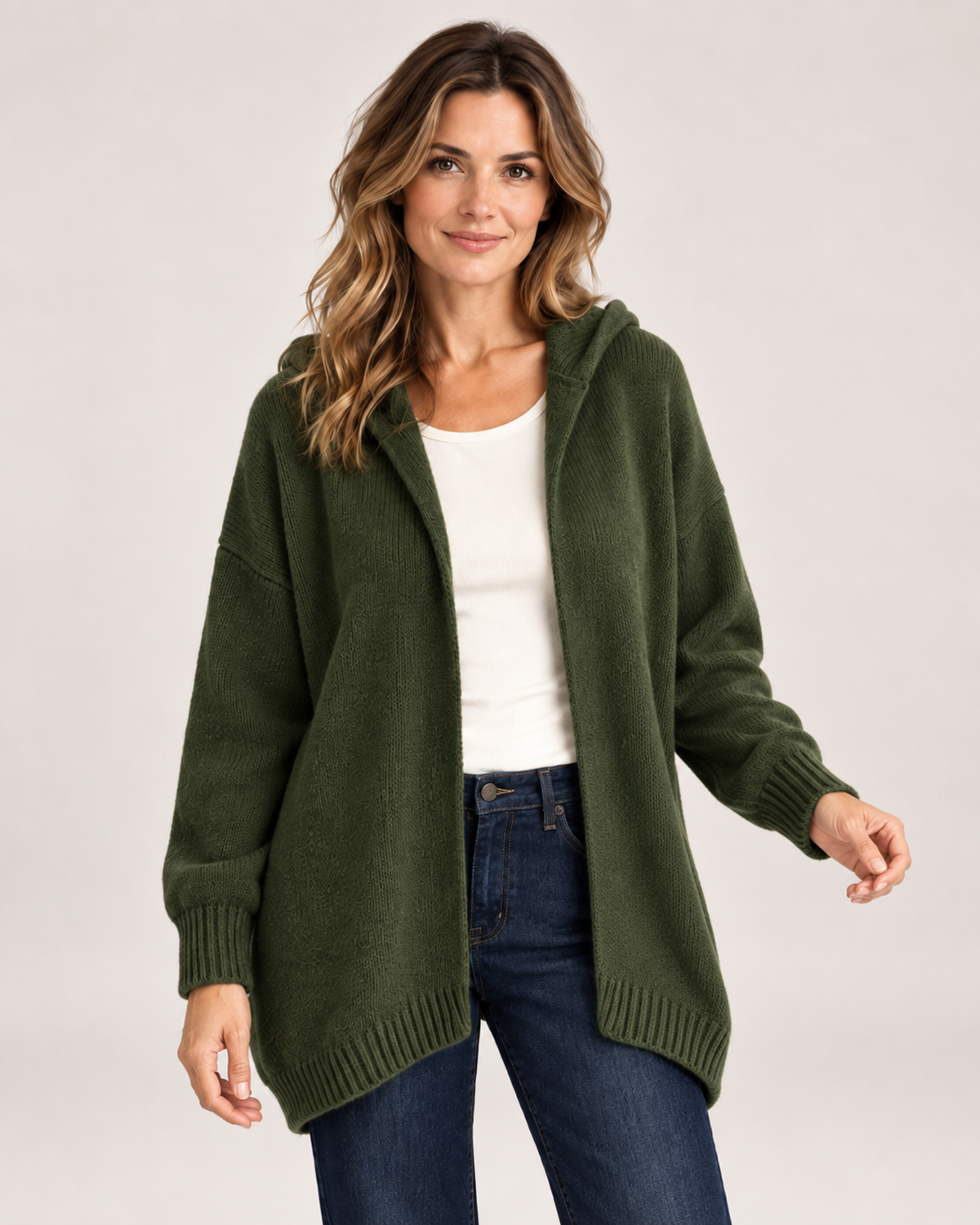 Women’s Hooded Cardigan with Knitted Finish in Green, upper body product focus view