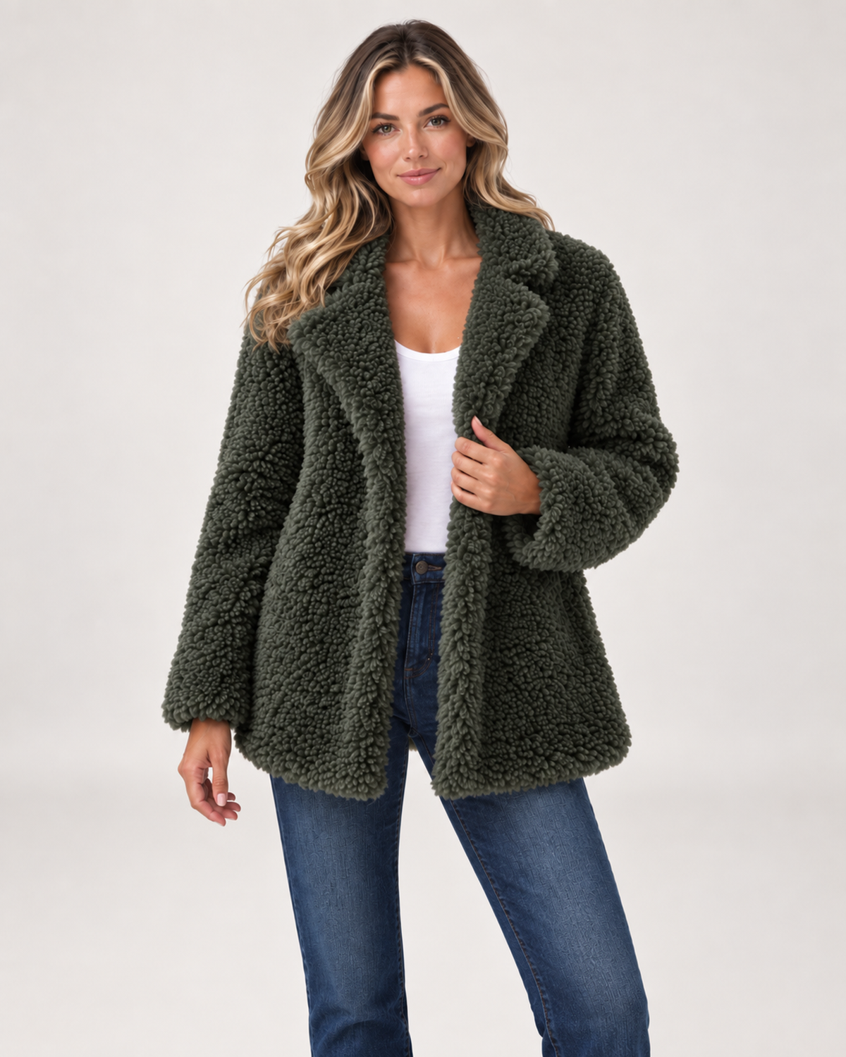 Women’s Teddy Coat with Wide Lapel Collar in Green, short outerwear product focus view