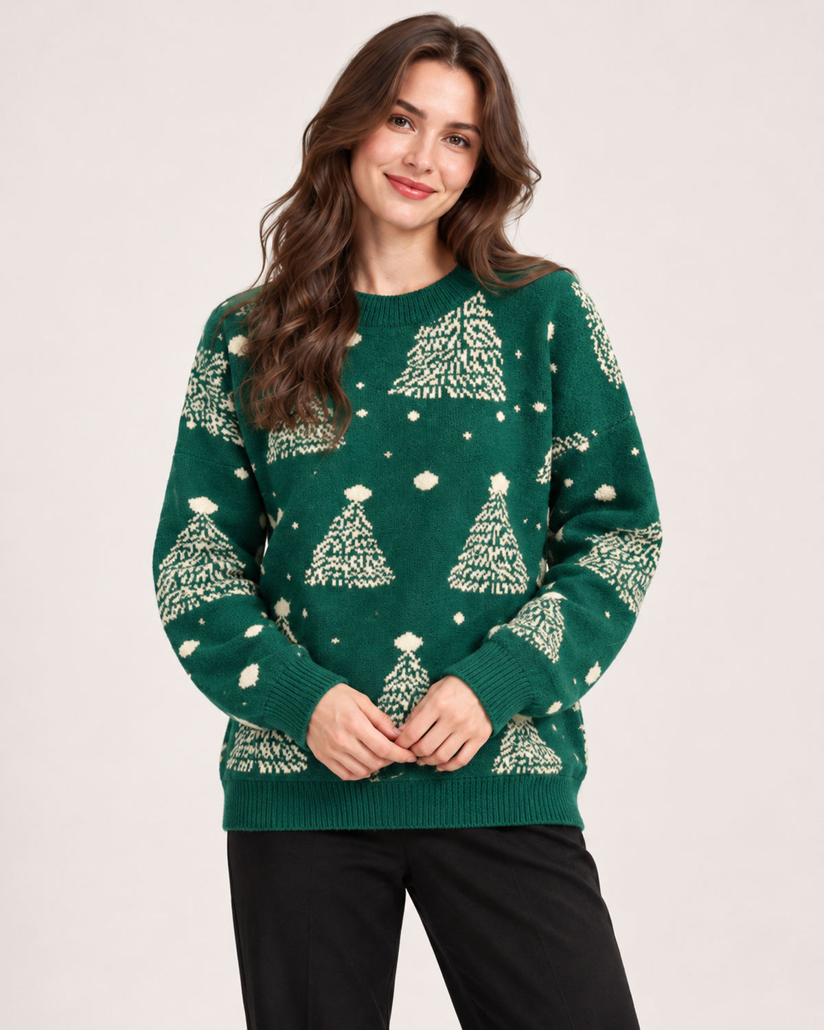 Women’s Christmas Jumper with Christmas Tree Pattern in Green, upper body product focus view
