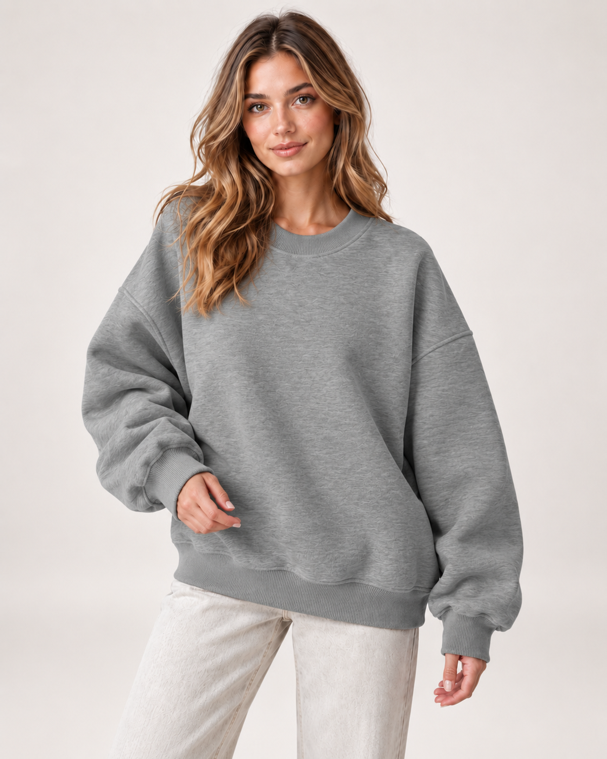 Women’s Oversized Sweatshirt with Crew Neck in Grey, upper body product focus view
