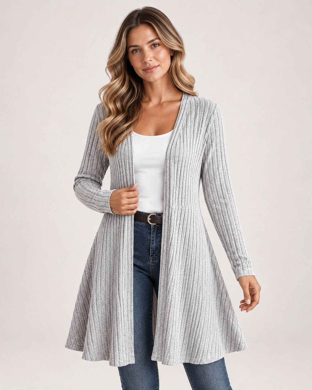 Women’s Longline Cardigan with Open Front in Grey, upper body product focus view