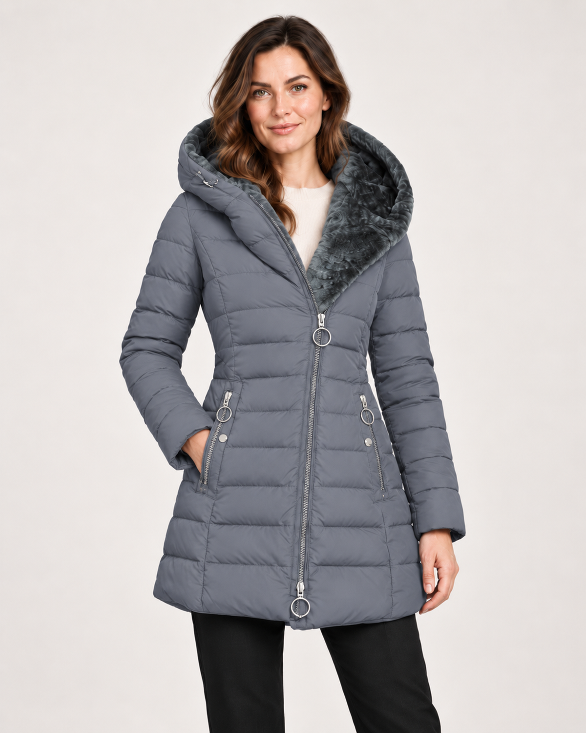 Women’s Long Puffer Jacket with Hood and Asymmetric Zip in Grey, short outerwear product focus view