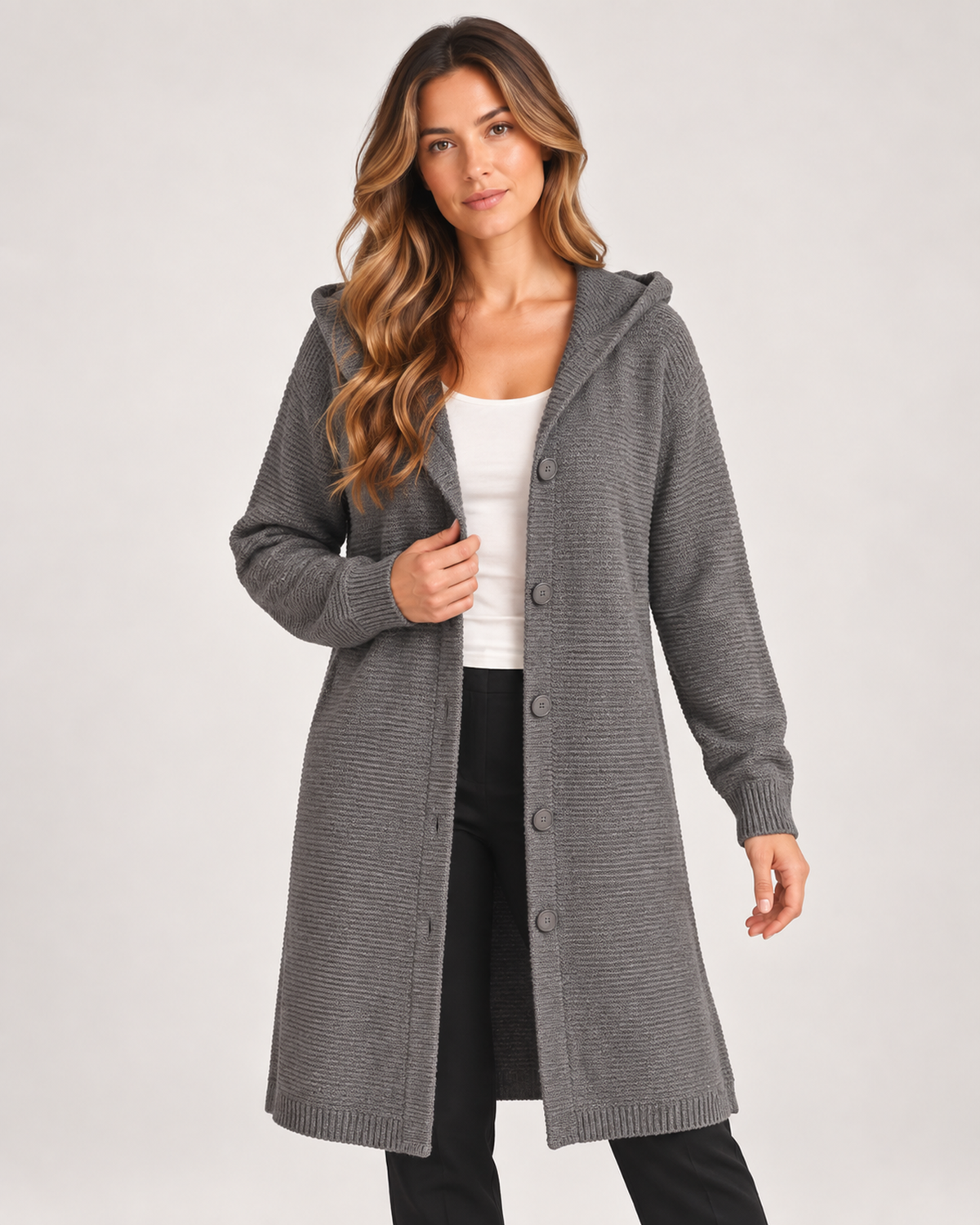 Women’s Longline Cardigan with Hood and Button Front in Grey, upper body product focus view