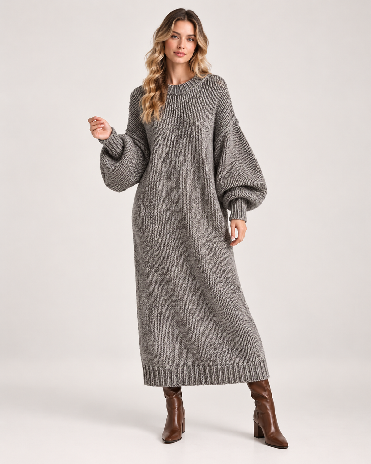 Women’s Knitted Maxi Dress with Balloon Sleeves in Grey, full body view