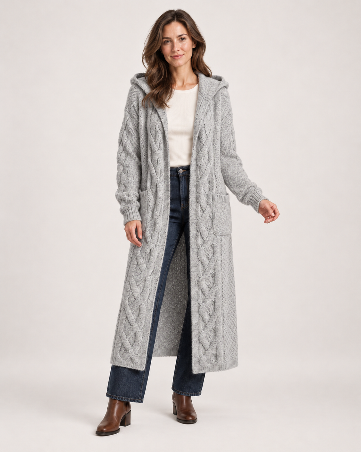 Women’s Long Cardigan with Hood and Cable Detail in Grey, upper body product focus view