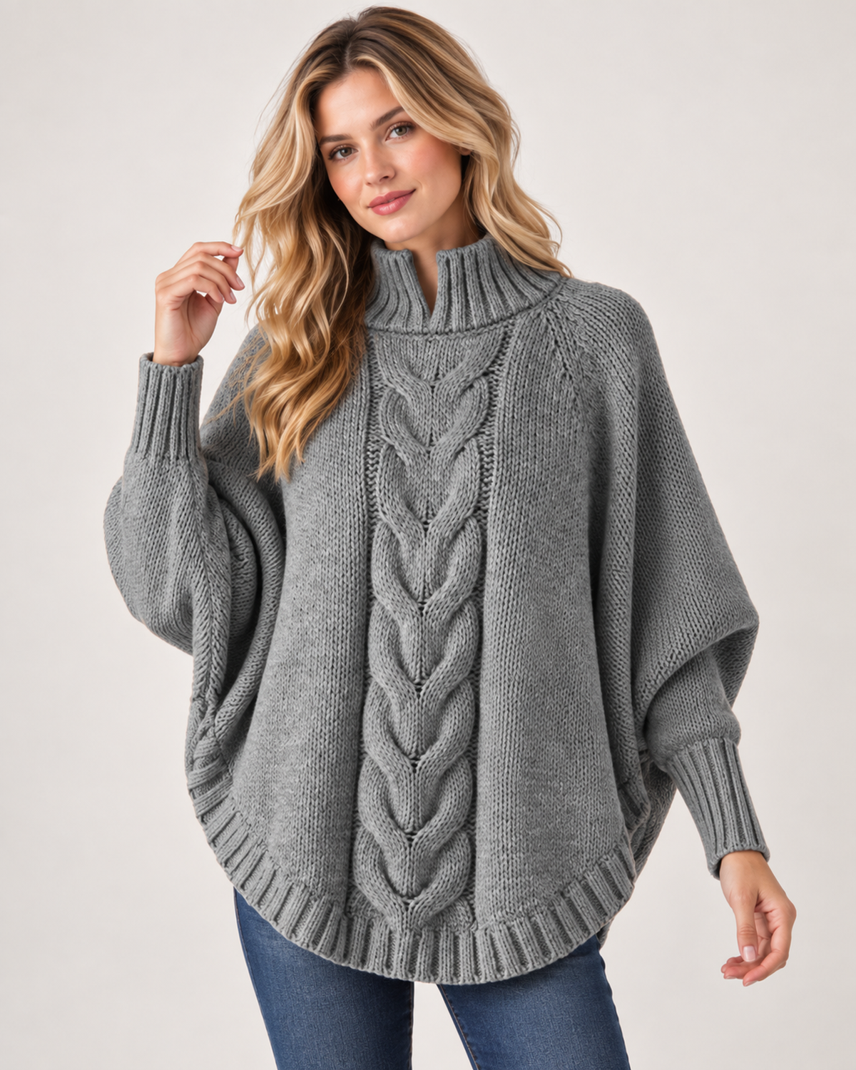 Women’s Cable Knit Jumper with High Neck and Batwing Sleeves in Grey, upper body product focus view
