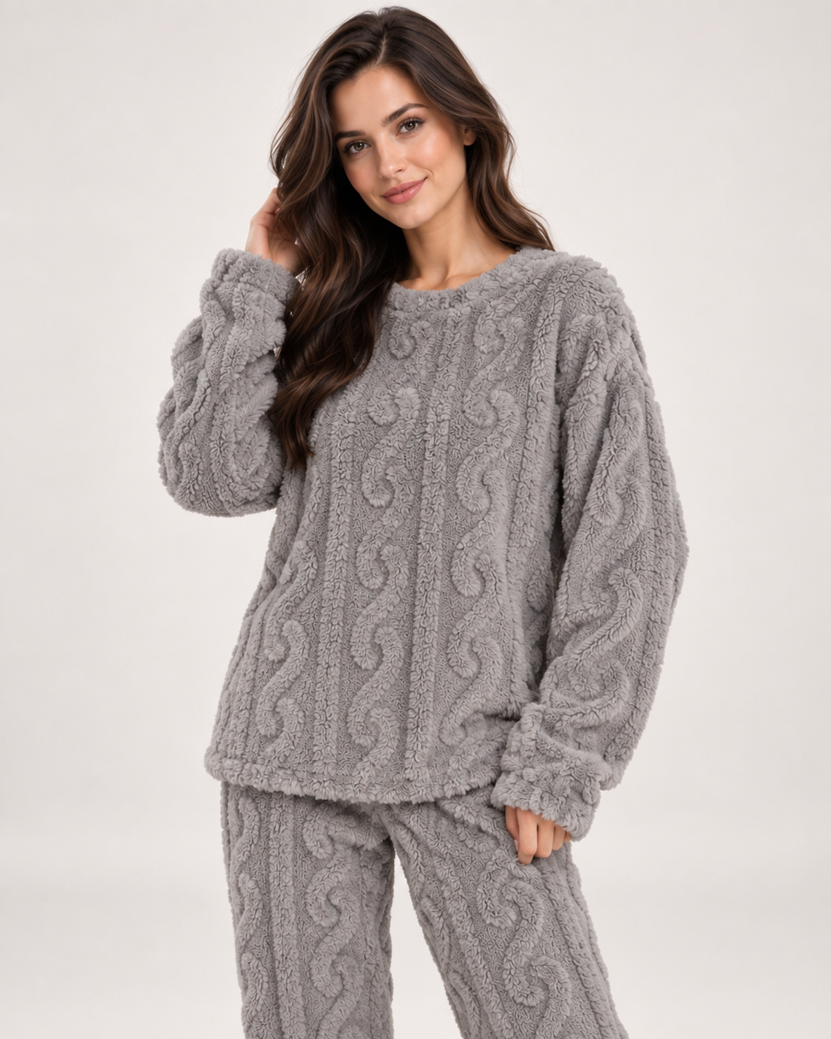 Women’s Fleece Pyjamas with Cable Pattern in Grey, lower body product focus view