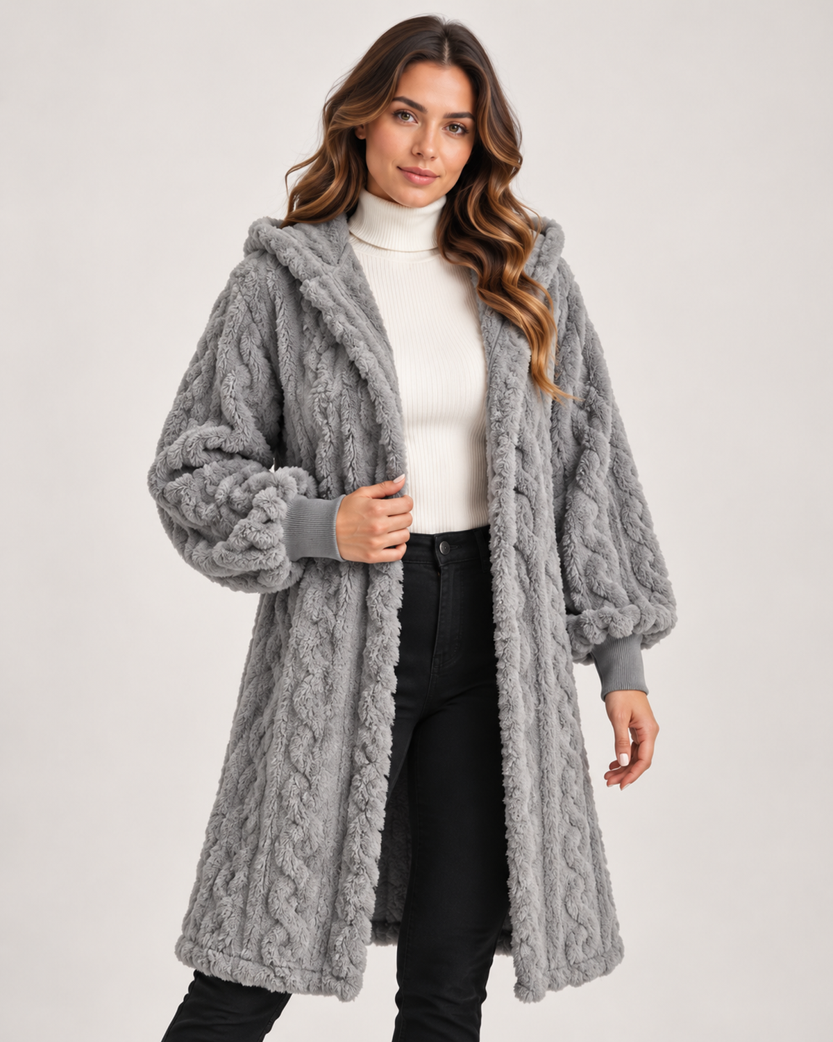 Women’s Longline Cardigan with Hood and Cable Texture in Grey, full body view