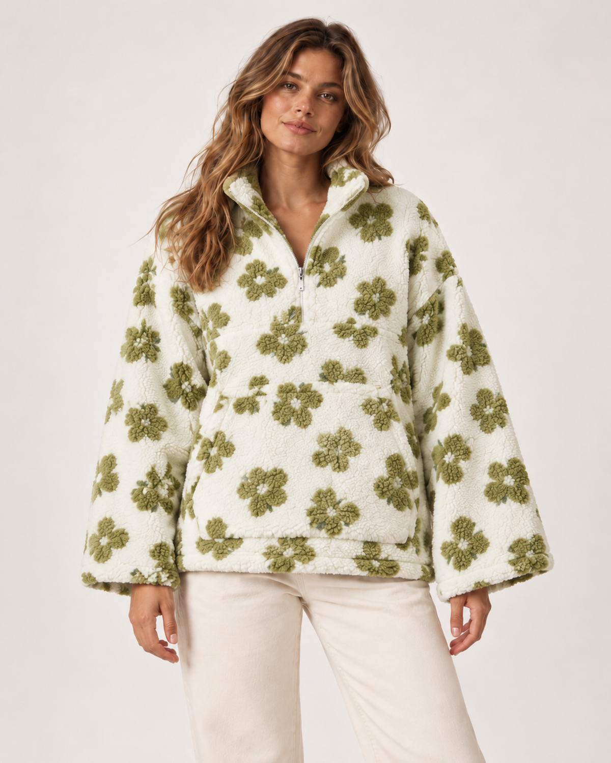 Women’s Borg Jacket with Floral Pattern and Half Zip in Ivory Green Floral, short outerwear product focus view
