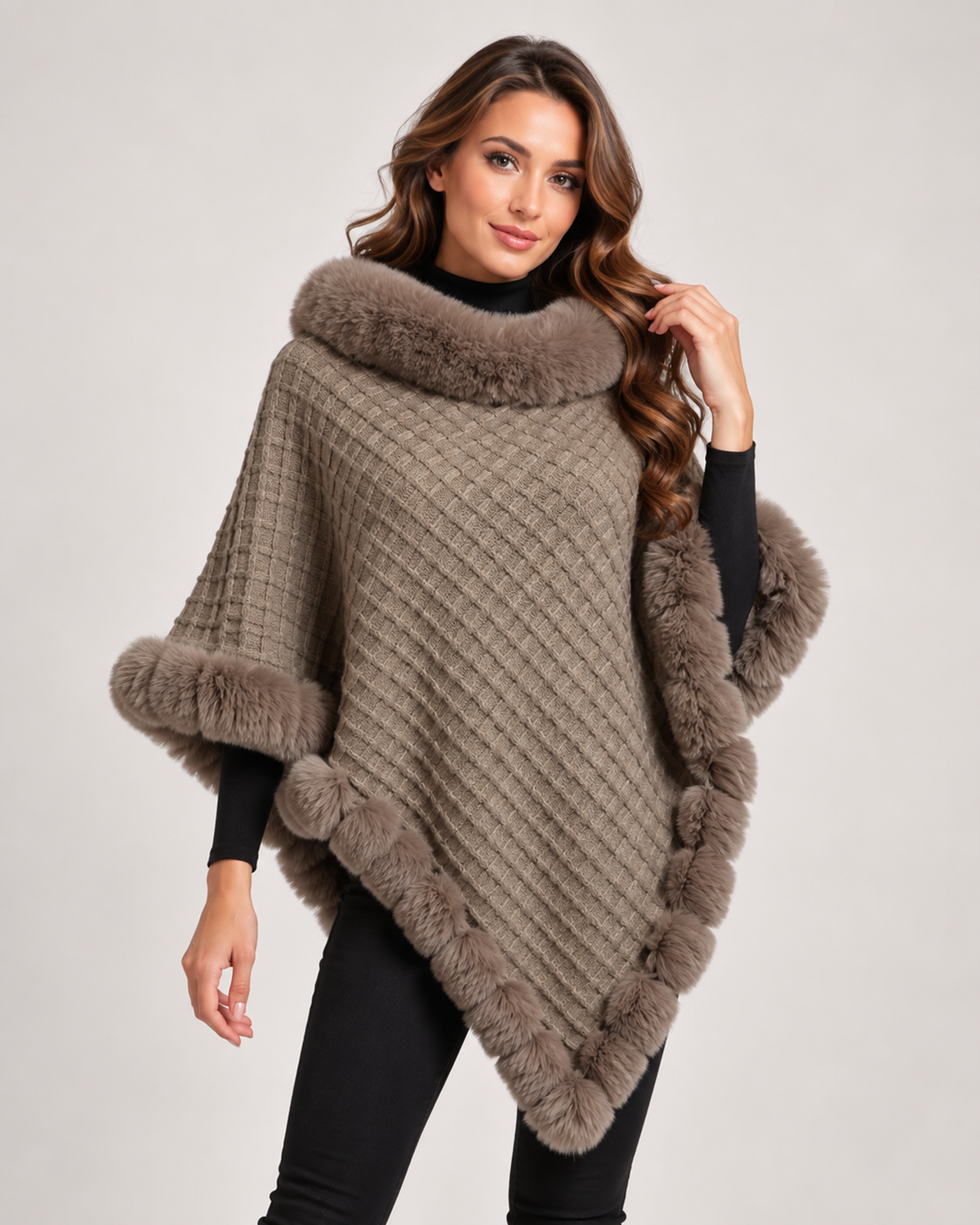 Women’s Cape Coat with Faux Fur Trim in Khaki, short outerwear product focus view