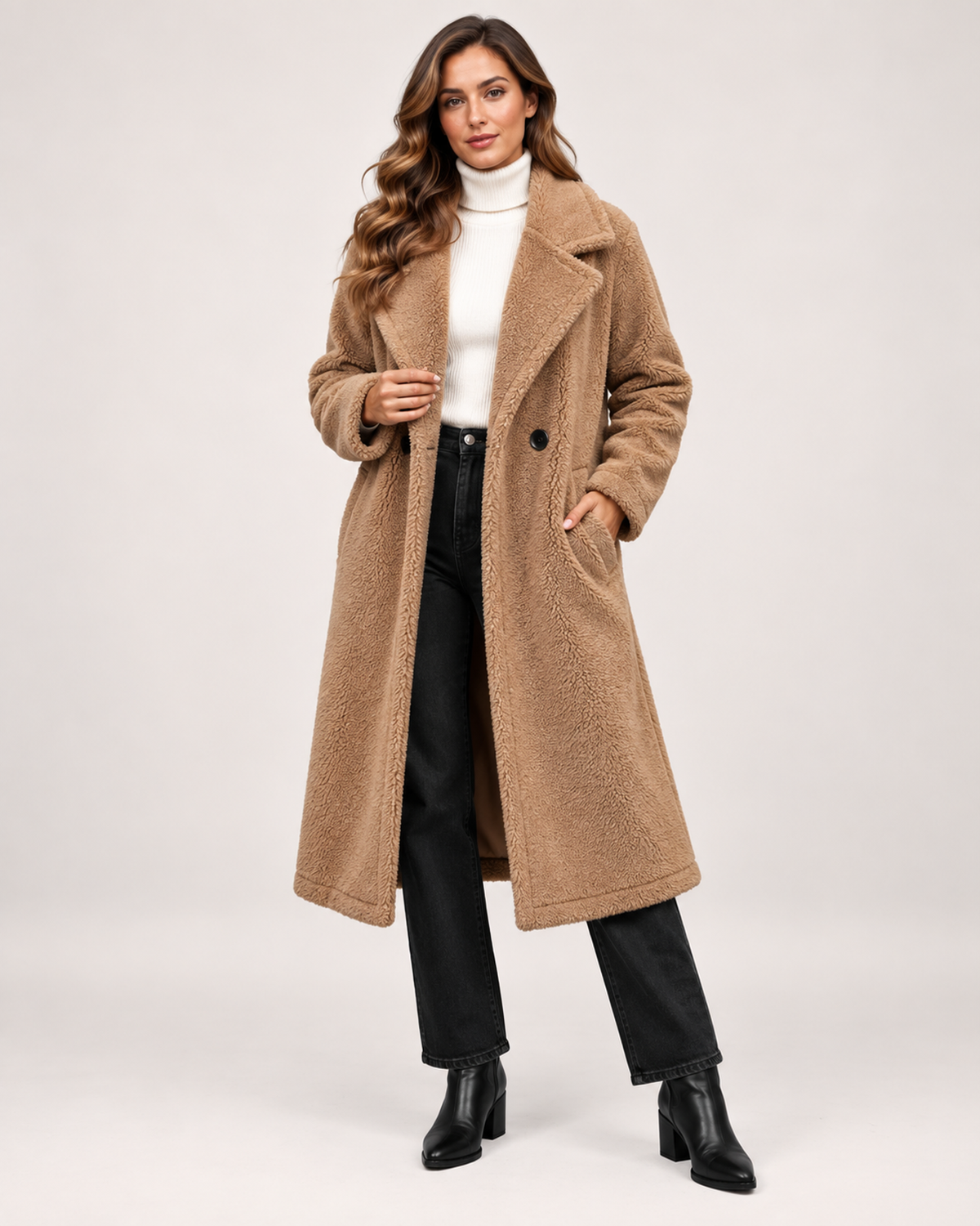 Women’s Borg Coat with Long Shape and Lapel Collar in Khaki, short outerwear product focus view