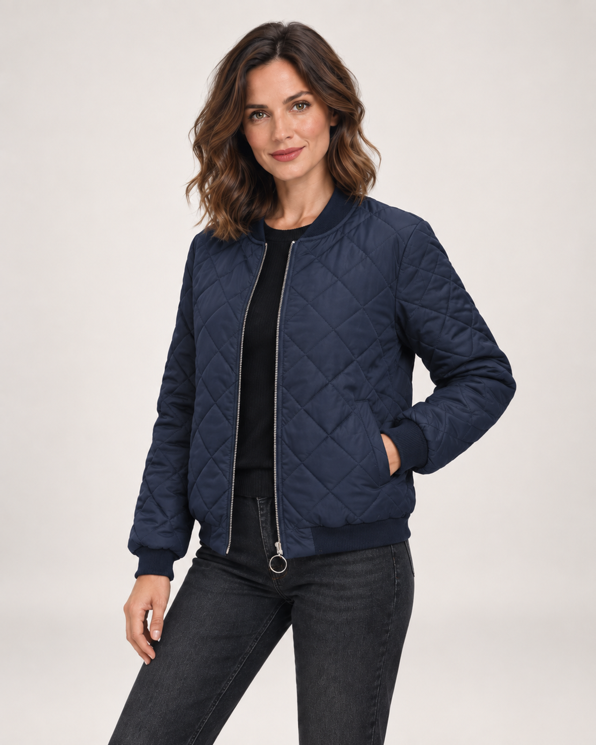 Women’s Quilted Jacket with Stand Collar in Navy Blue, short outerwear product focus view
