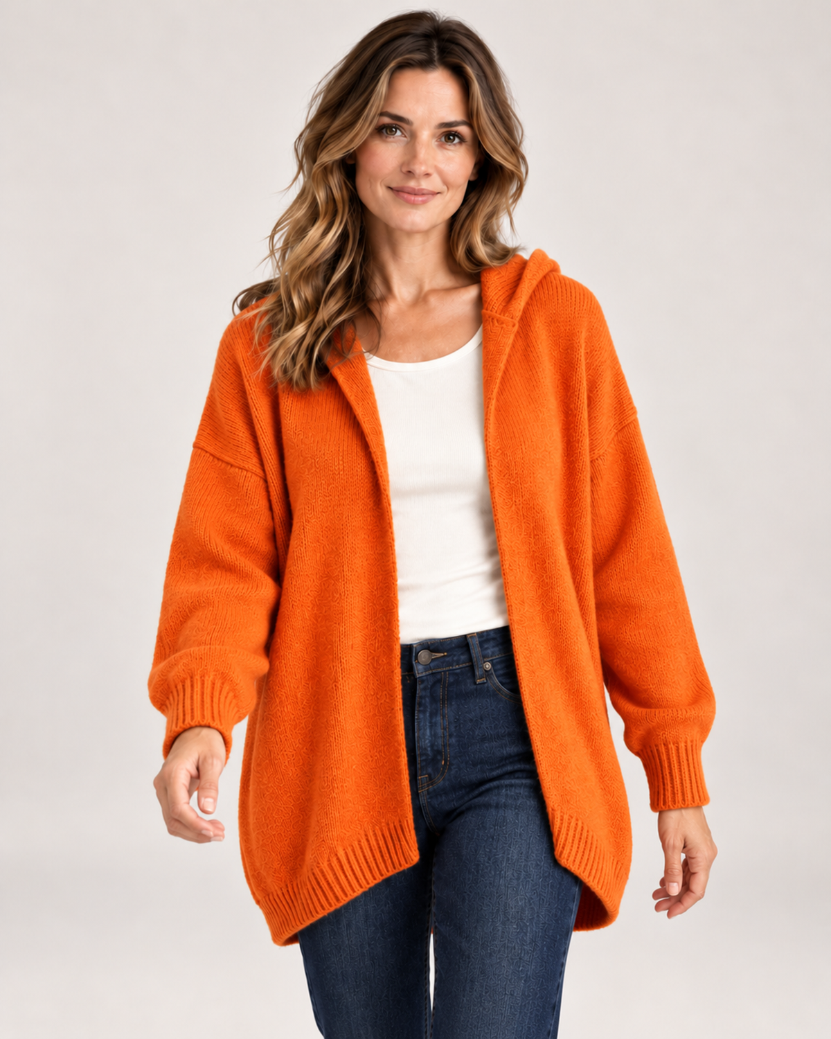 Women's Hooded Cardigan with Knitted Finish orange close variant view