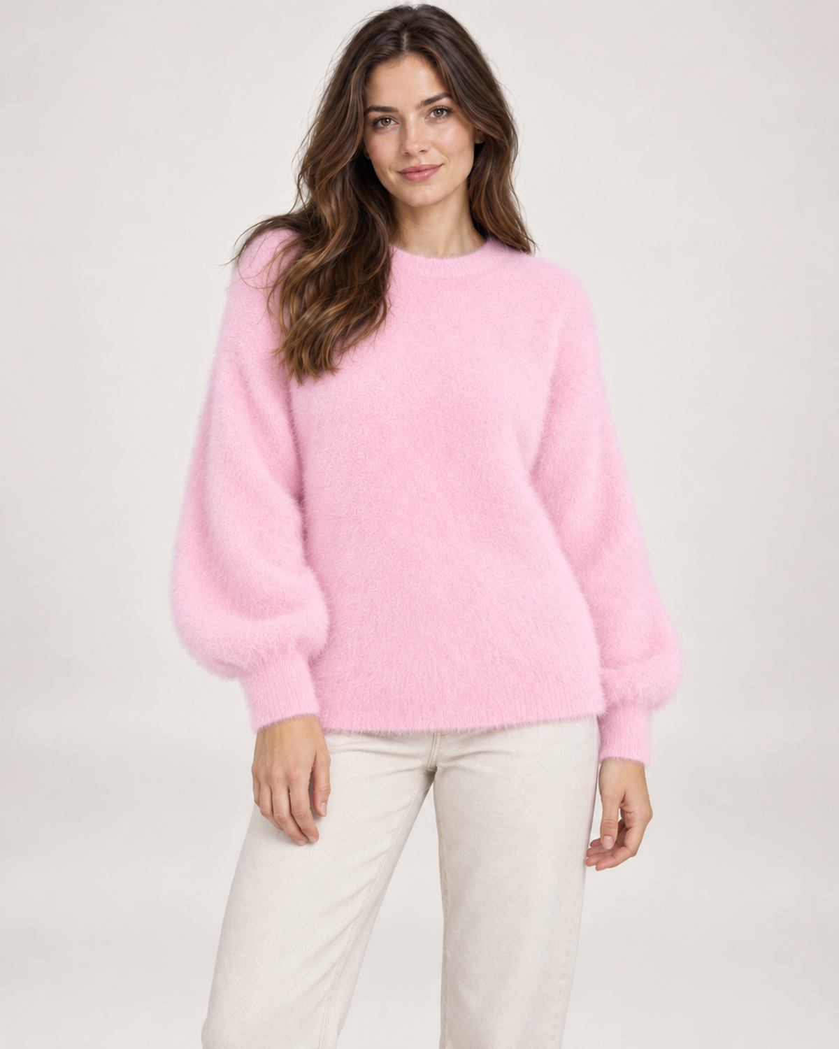 Women’s Fluffy Jumper with Crew Neck in Pink, upper body product focus view