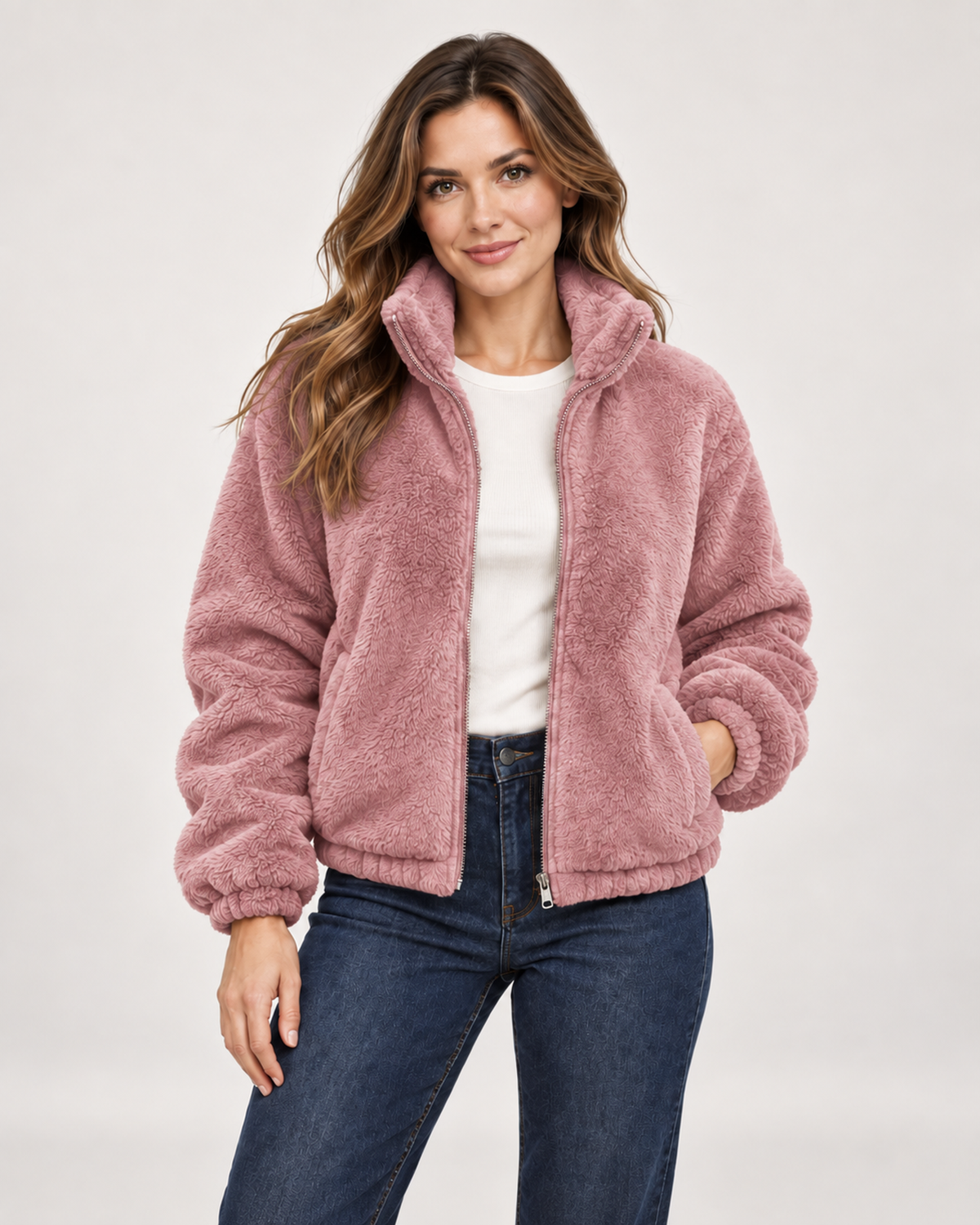 Women’s Fleece Jacket with Funnel Neck and Zip Front in Pink, short outerwear product focus view