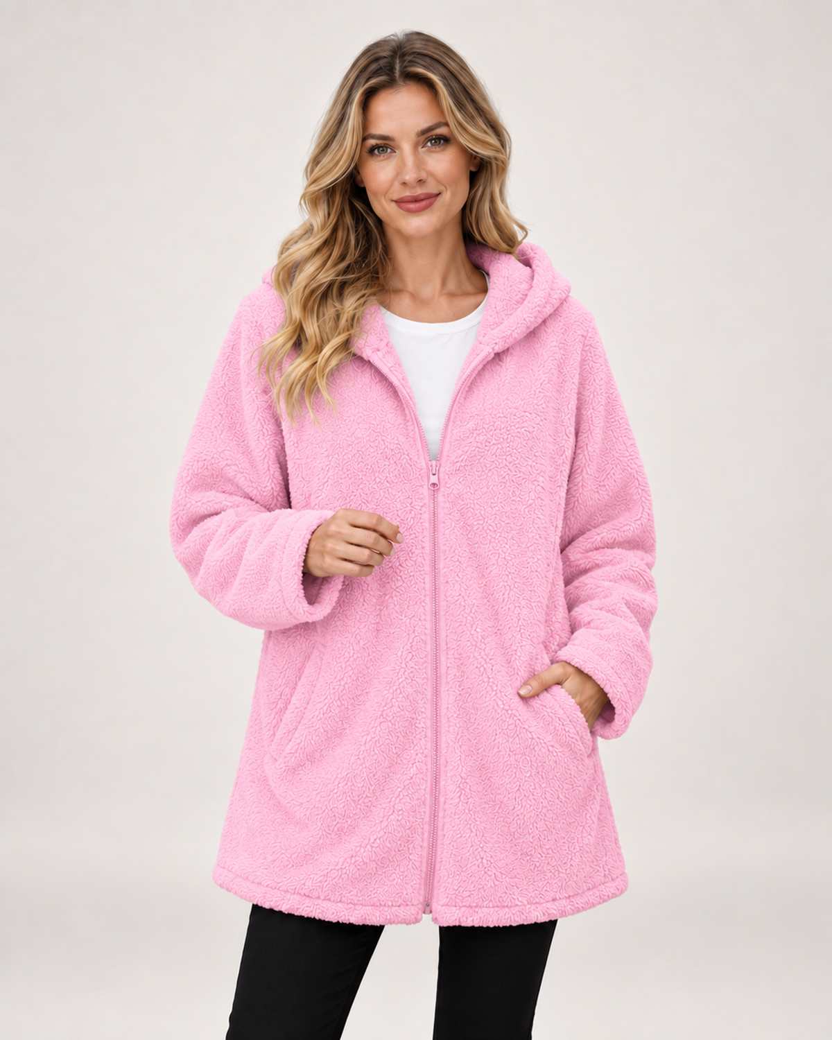 Women’s Fleece Jacket with Hood and Zip Front in Pink, short outerwear product focus view