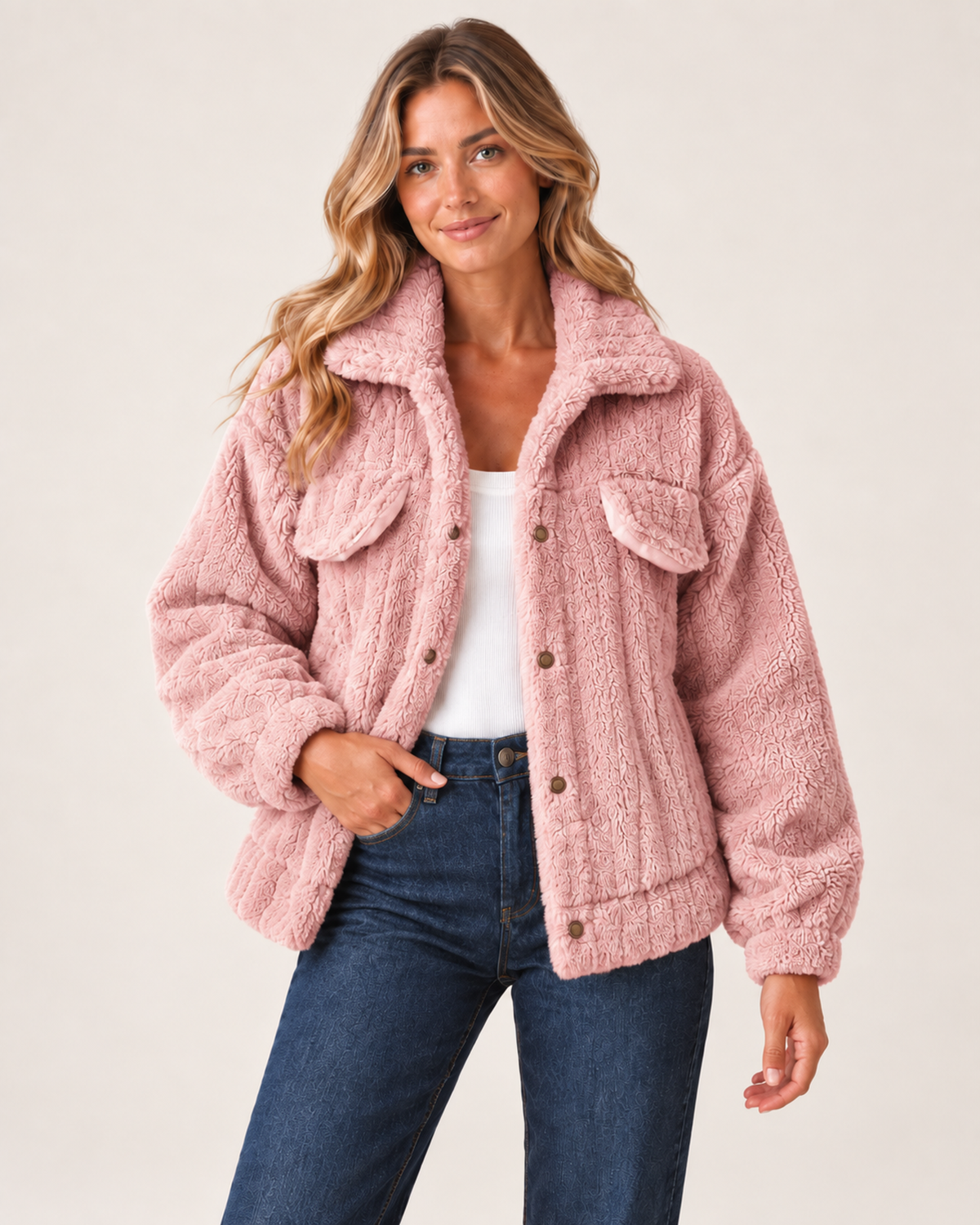 Women’s Borg Jacket with Collar and Chest Pockets in Pink, short outerwear product focus view