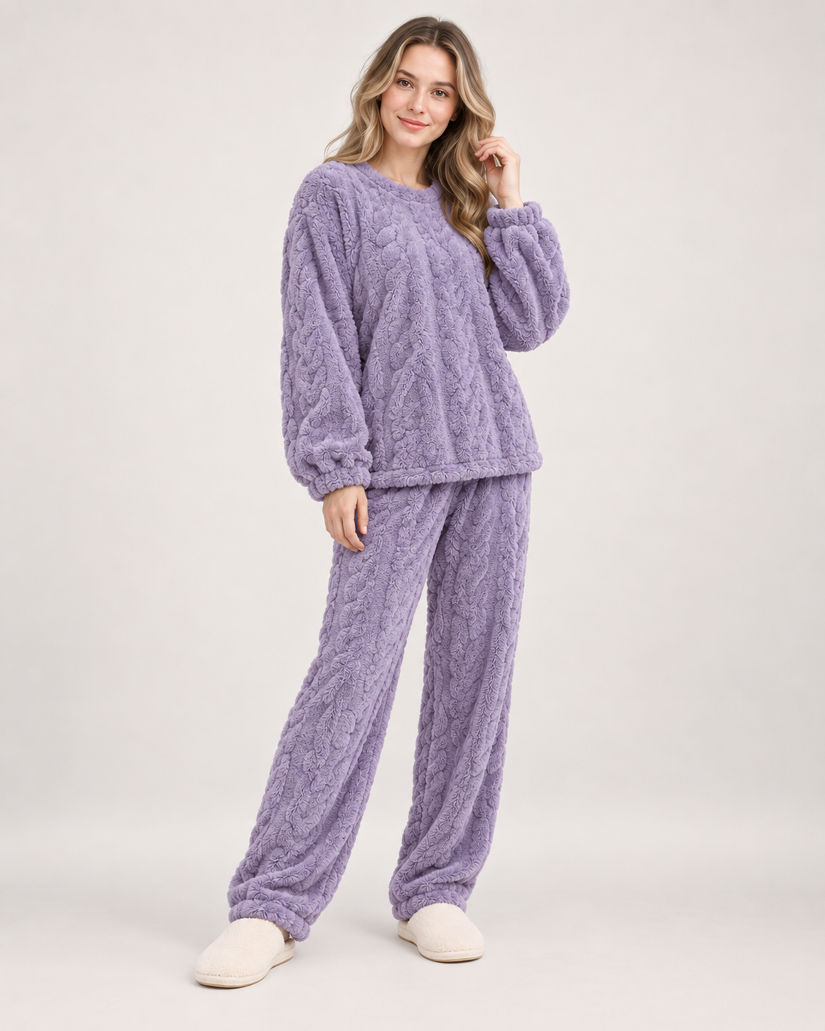 Women’s Pyjamas with Flannel Cable Pattern in Purple, lower body product focus view