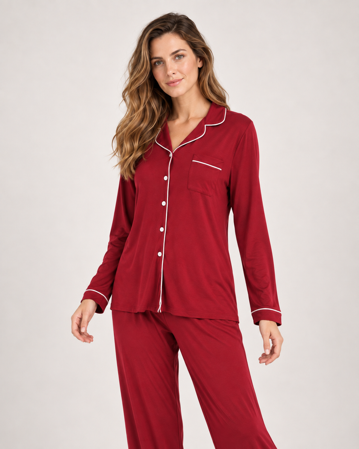 Women’s Pyjama Set in Modal with Contrast Piping in Red, lower body product focus view