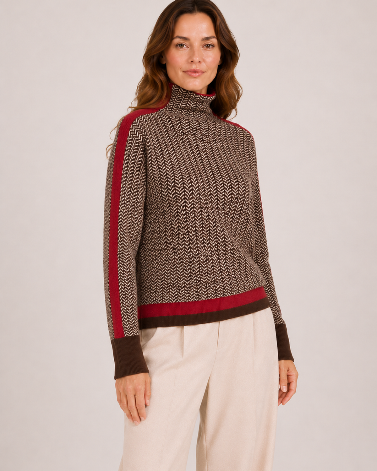 Women’s Roll Neck Jumper with Contrast Sleeves in Red, three quarter body view