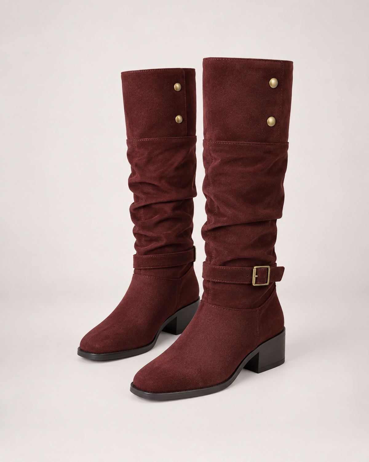 Women’s Knee High Boots with Slouch Shaft and Block Heel in Red, product only pair front three quarter view