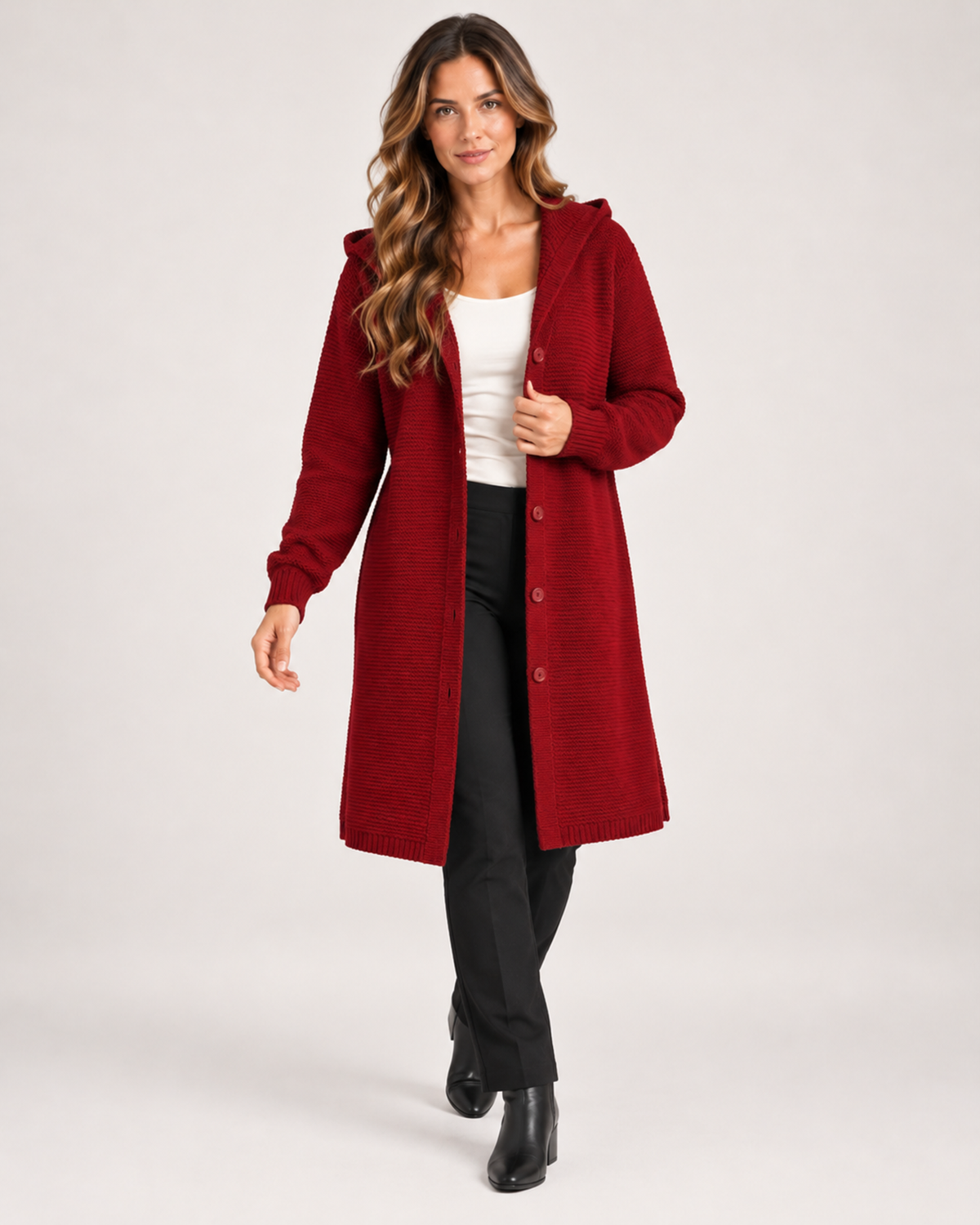 Women's Longline Cardigan with Hood and Button Front red close variant view