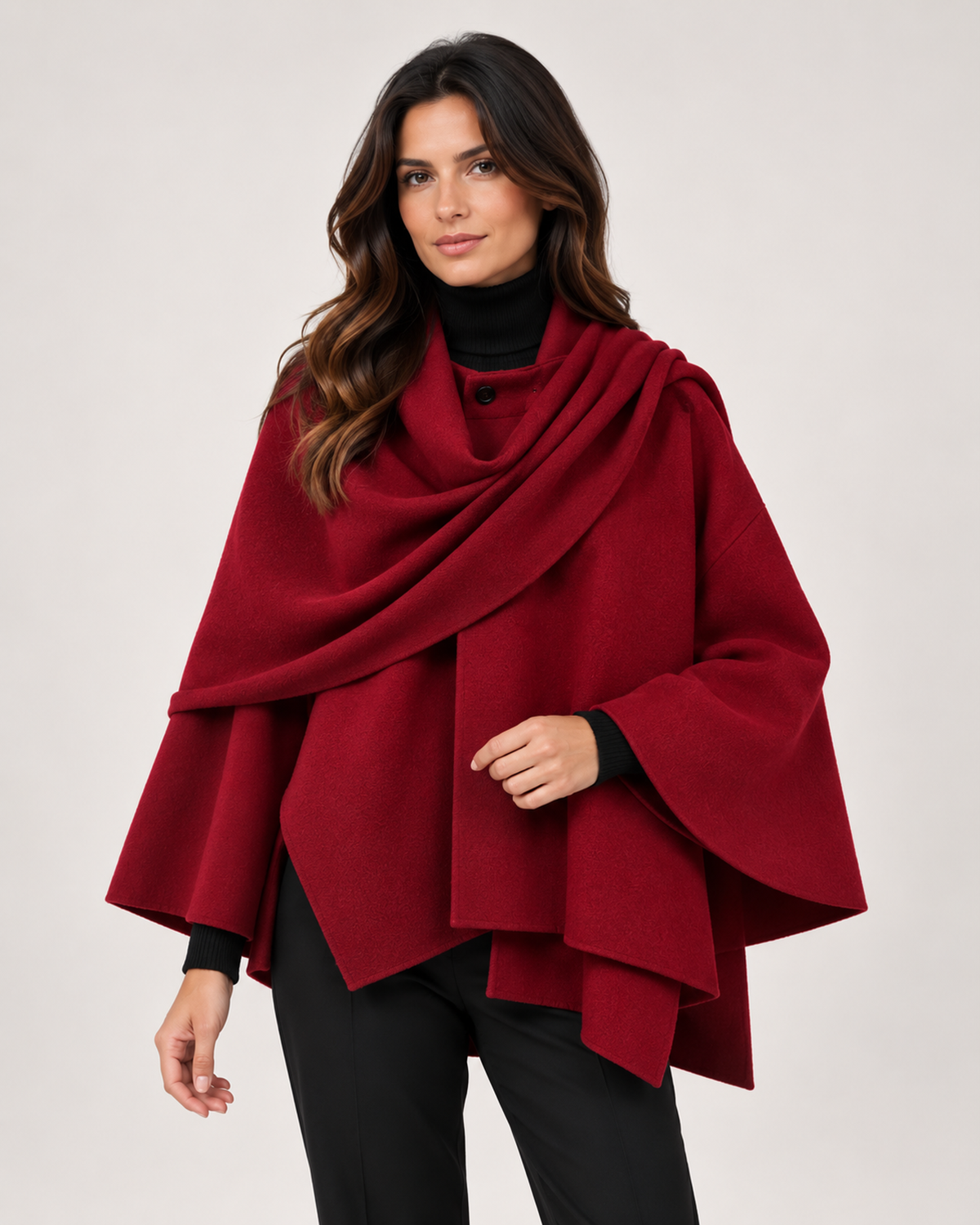 Women’s Cape Coat with Asymmetric Scarf Collar in Red, lower body product focus view