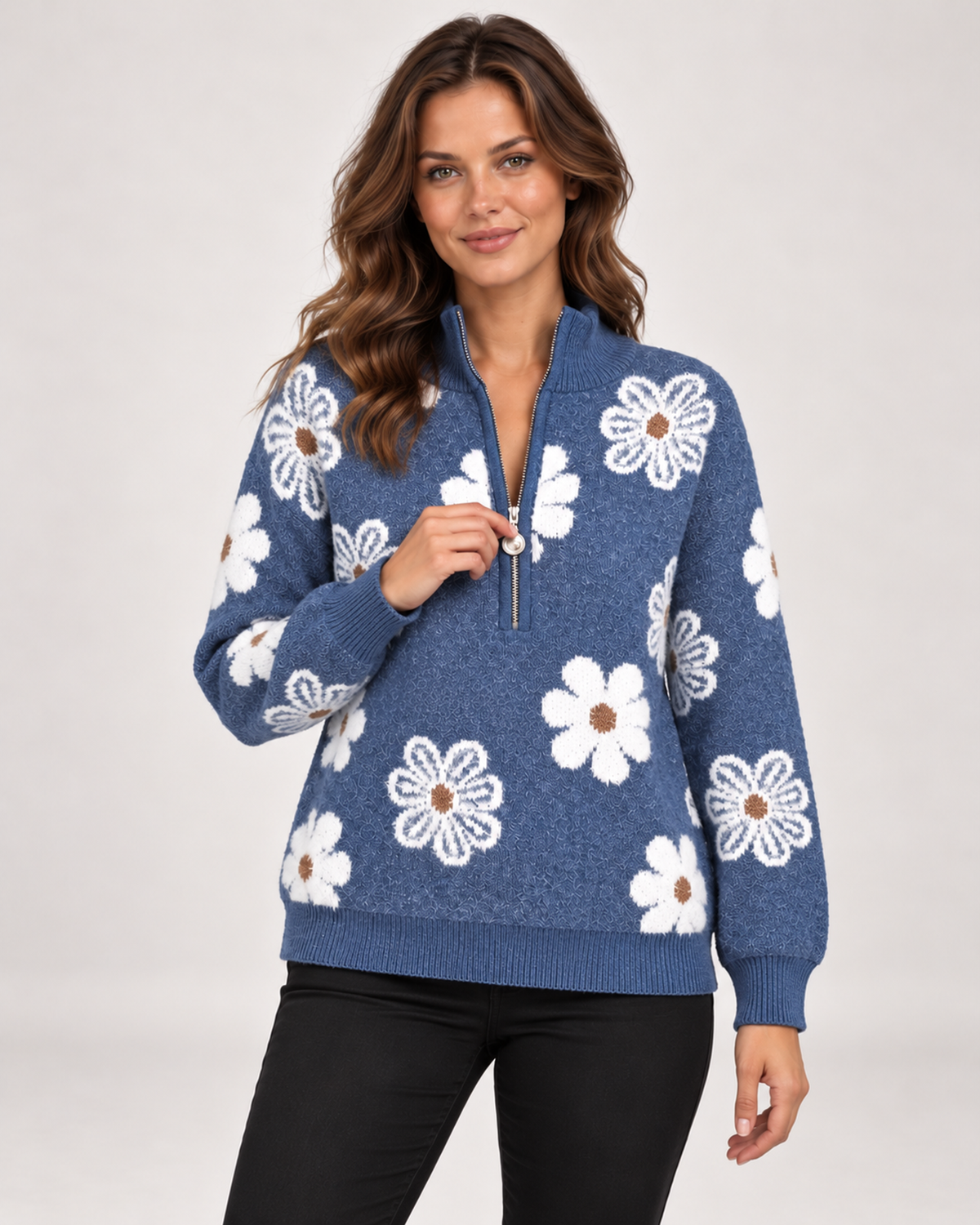Women’s half-zip floral jumper in blue
