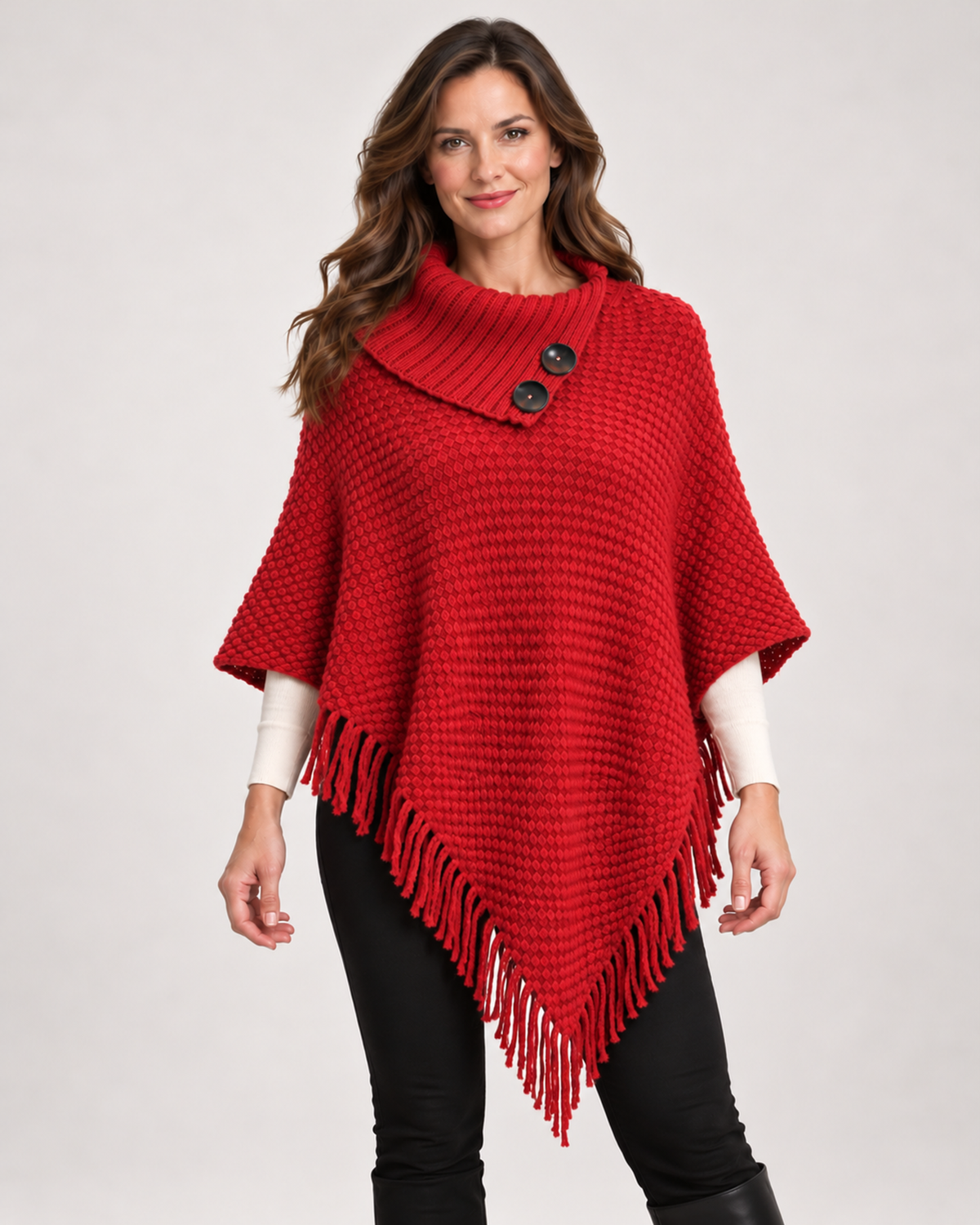 Women’s red poncho with high neck and button detail
