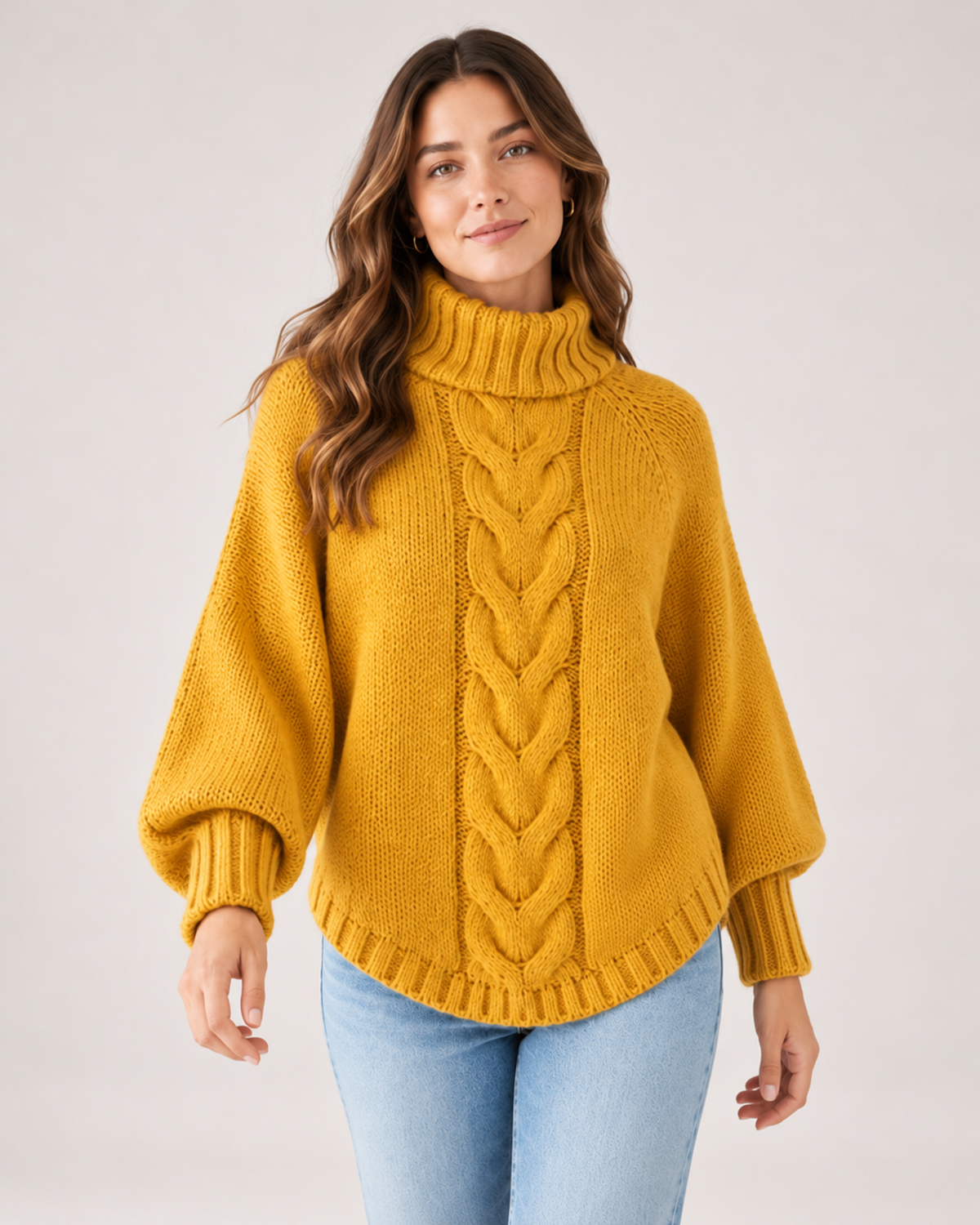 Women's Cable Knit Jumper Chunky Roll Neck Style yellow close variant view