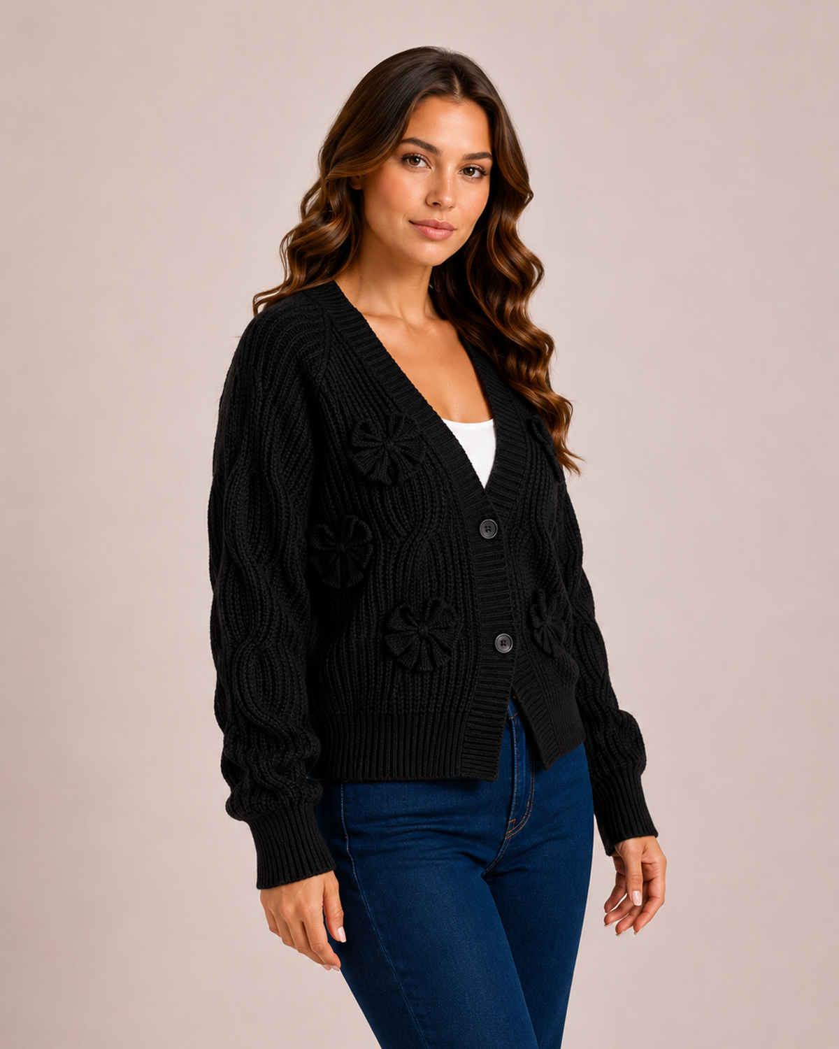 Women’s black bow cardigan three quarter view